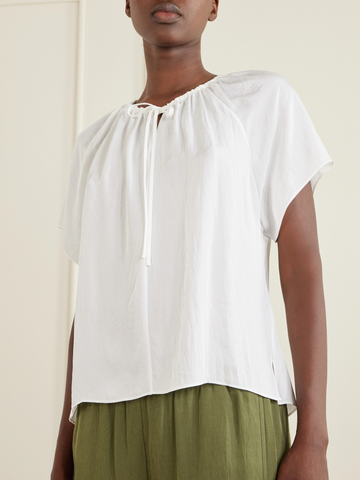 Tie-Detailed Ruched Crepon Blouse
