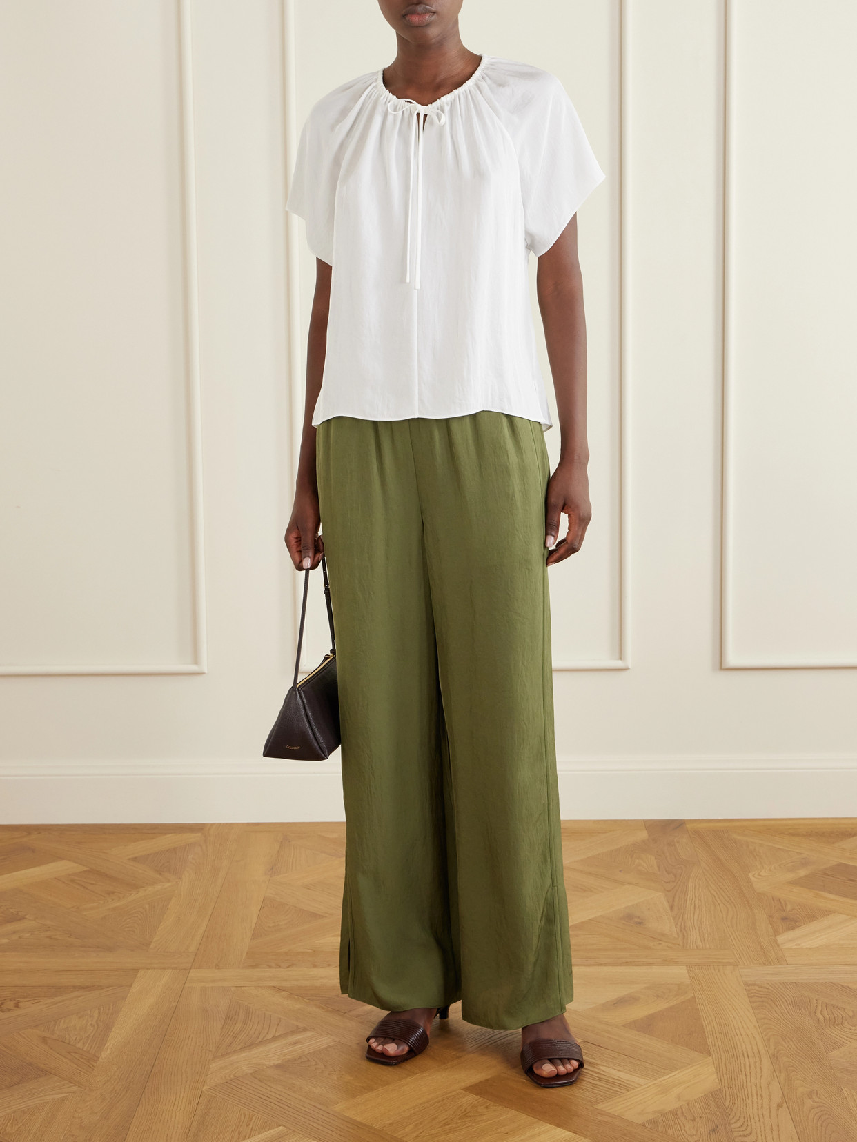 Tie-Detailed Ruched Crepon Blouse