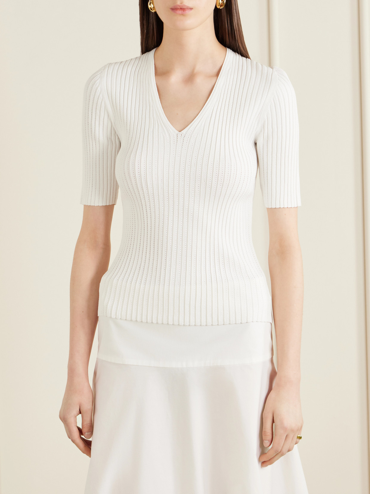 Pointelle-Knit Crepe T-Shirt