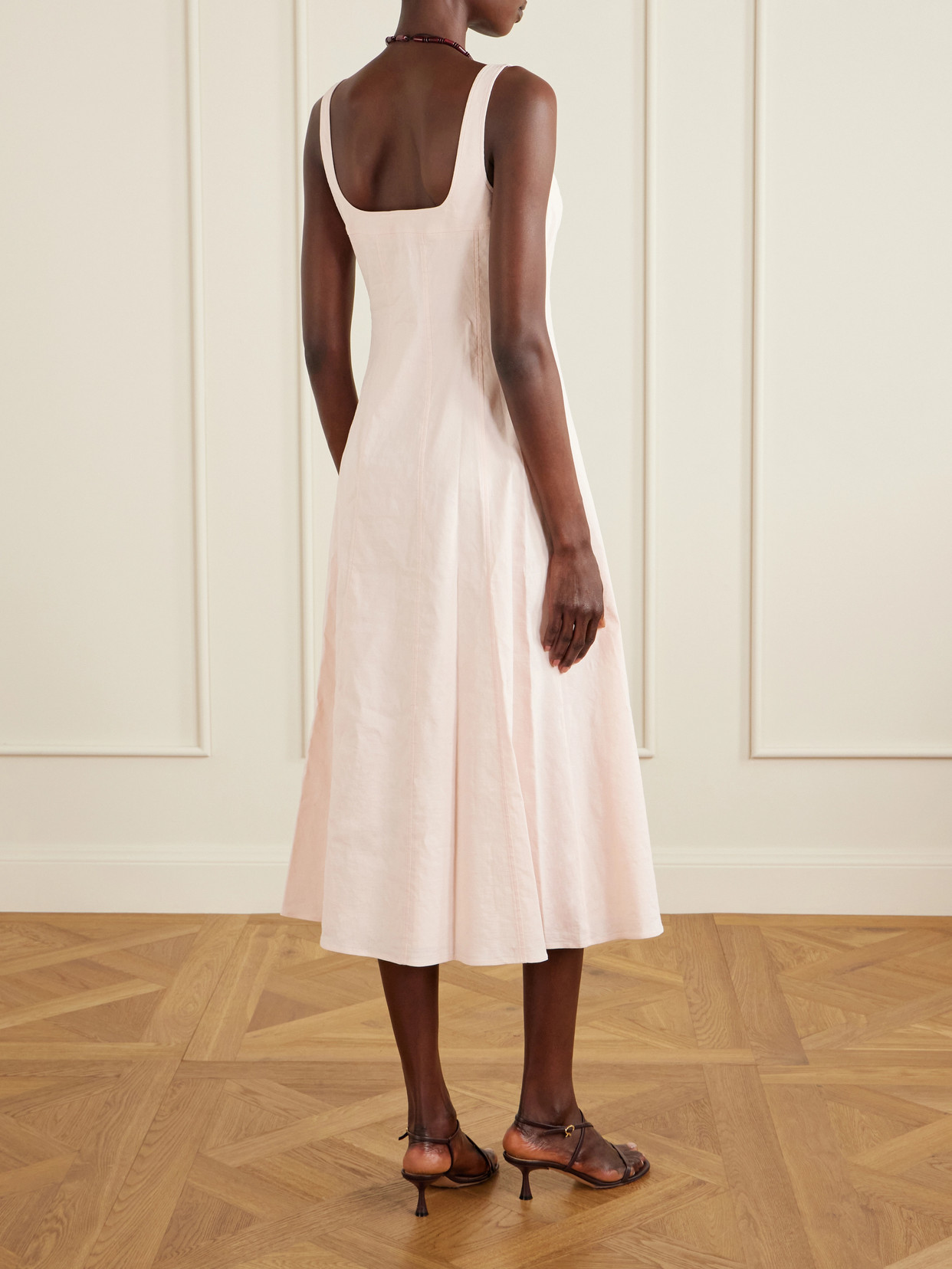 Theory Womens Warm Pink Seamed Square-neck Linen-blend Midi Dress