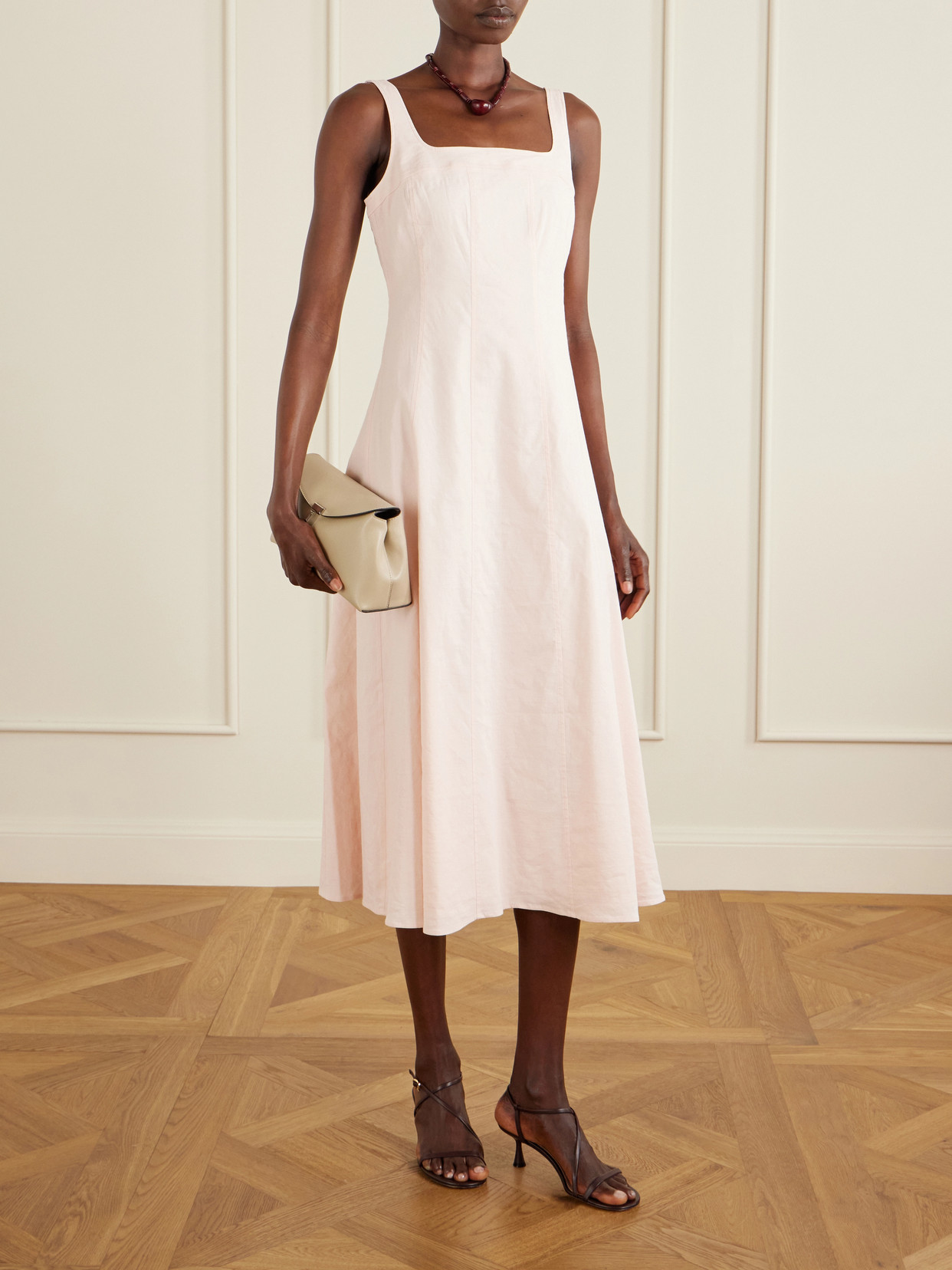 Theory Womens Warm Pink Seamed Square-neck Linen-blend Midi Dress