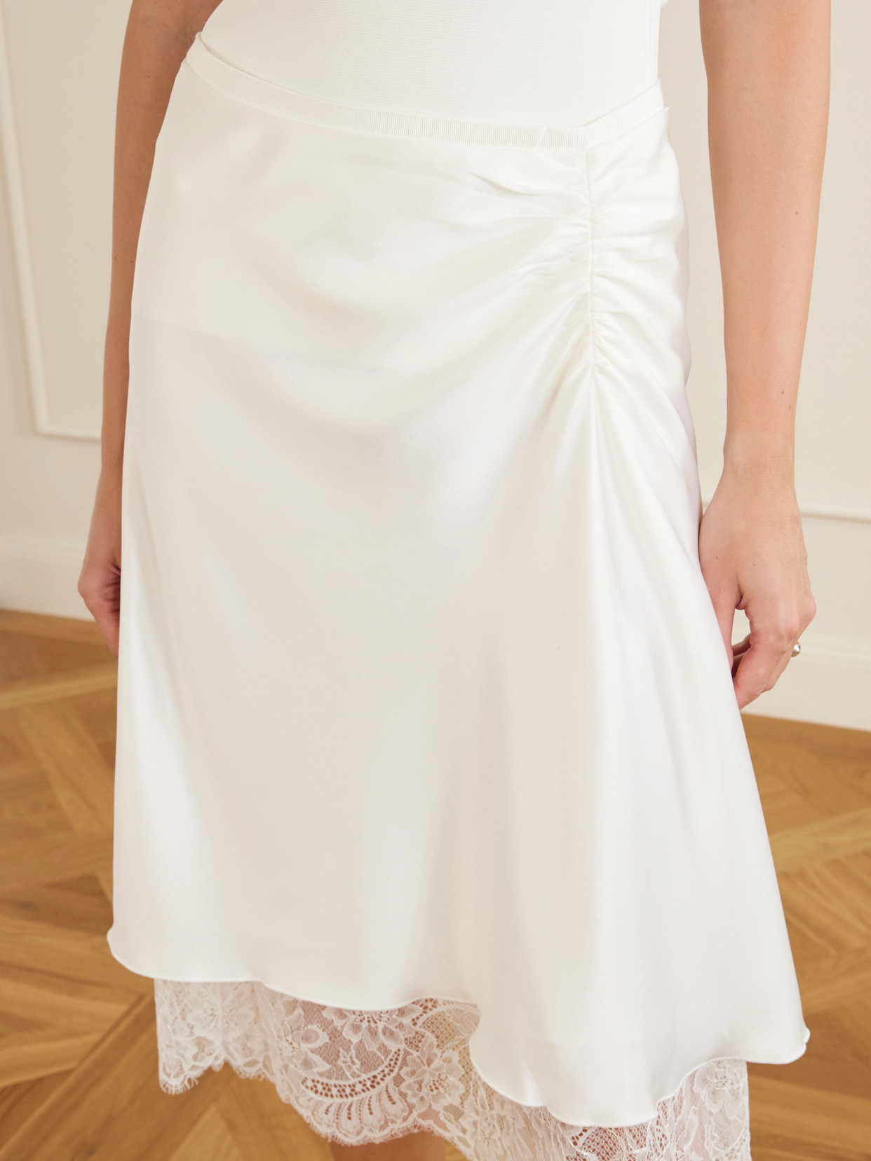 . - Ingrid Layered Gathered Lace-Trimmed Midi