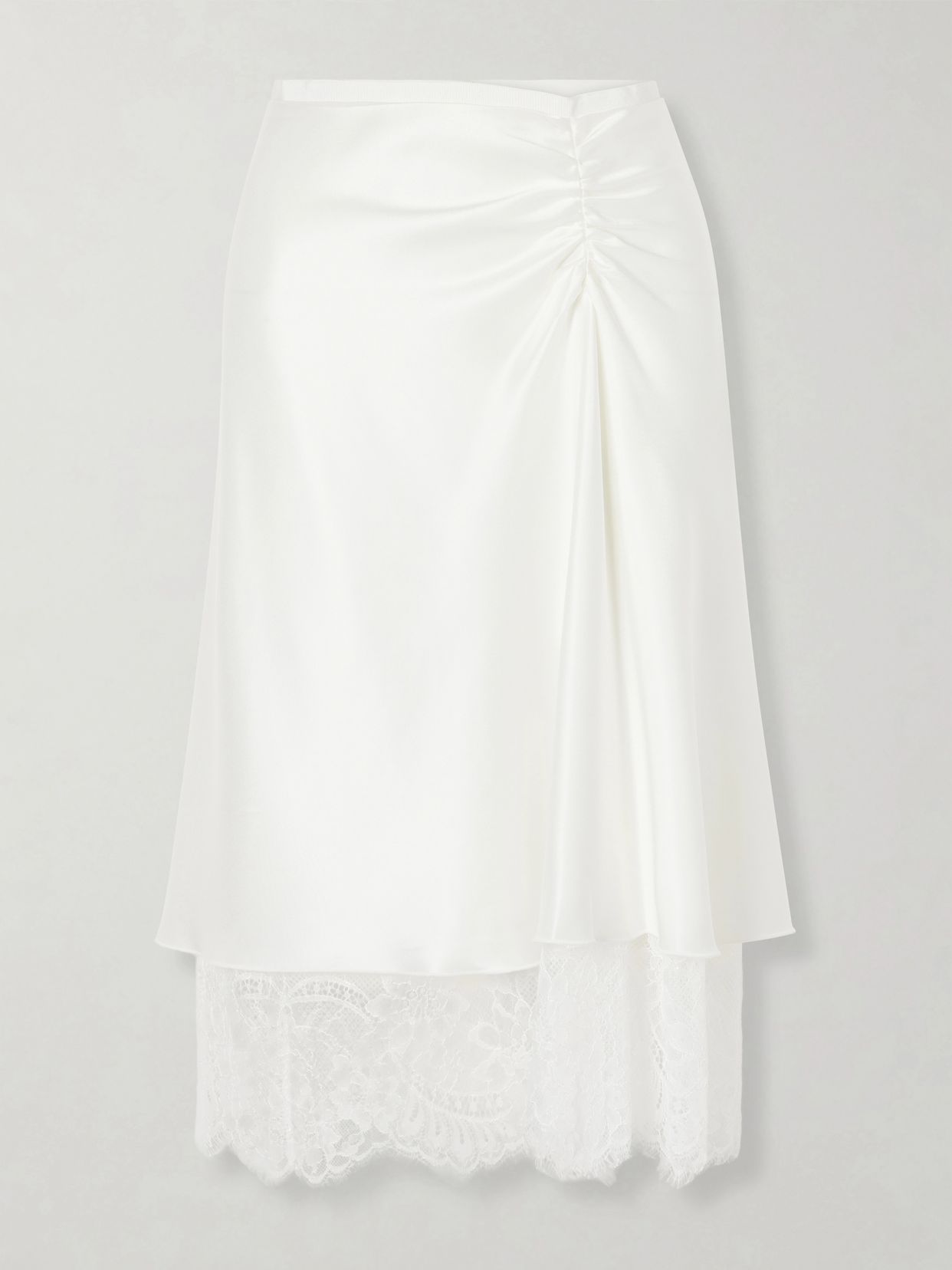Ingrid layered gathered lace-trimmed satin midi skirt