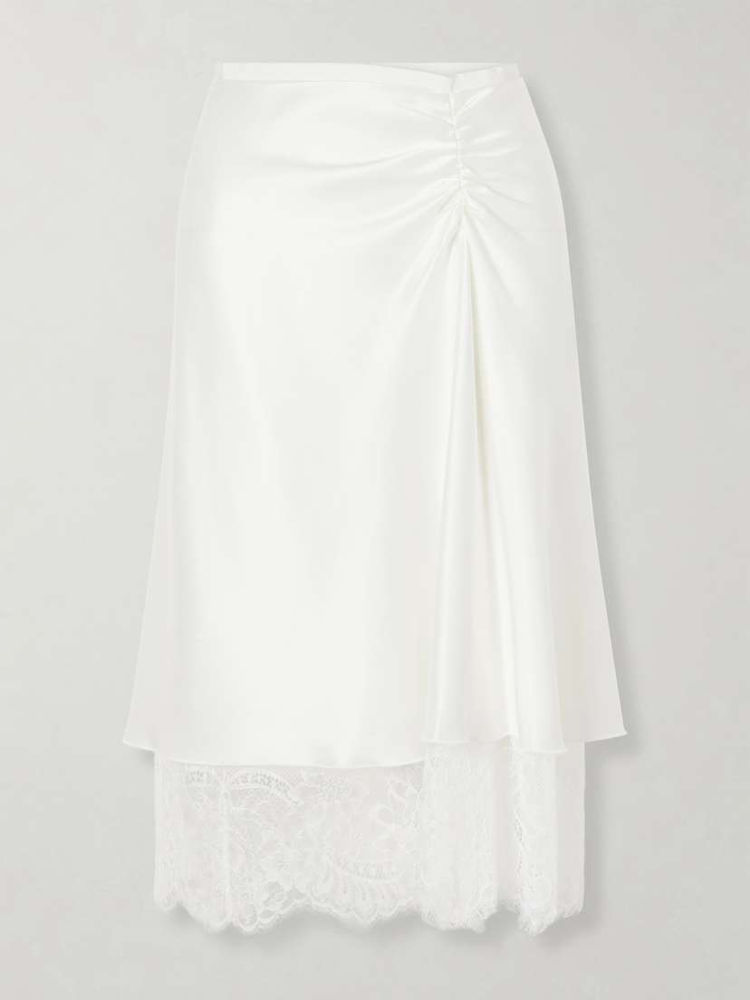 SIR. Ingrid Layered Gathered Lace-trimmed Satin Midi Skirt