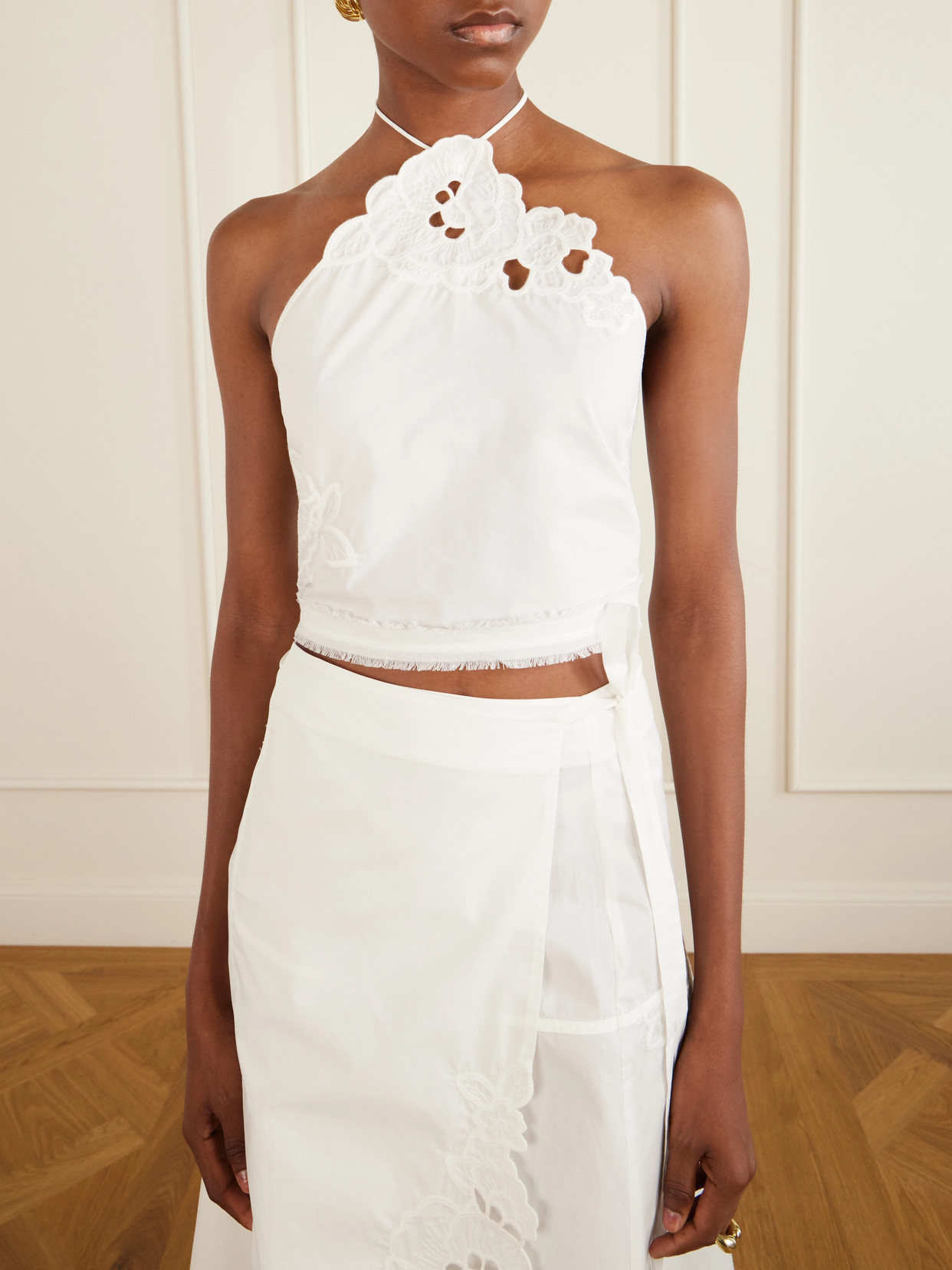 . - Klara Cropped Broderie-Anglaise-Trimmed Cotton-Poplin Top