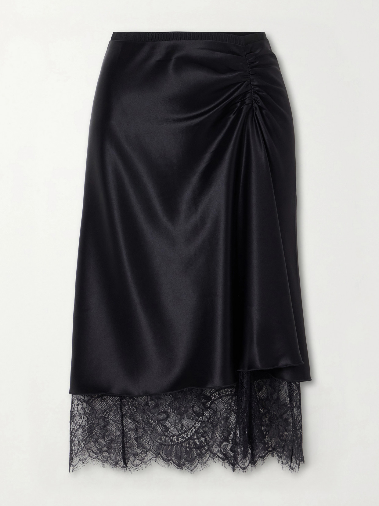 Sir Ingrid Lace-trimmed Ruched Satin Midi Skirt In Black