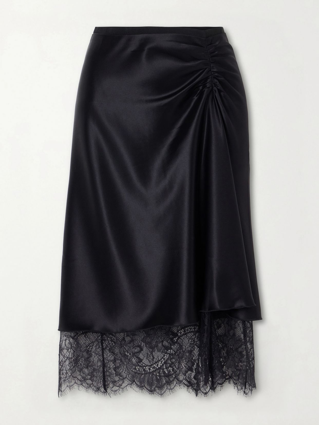 ingrid lace trimmed ruched satin midi skirt