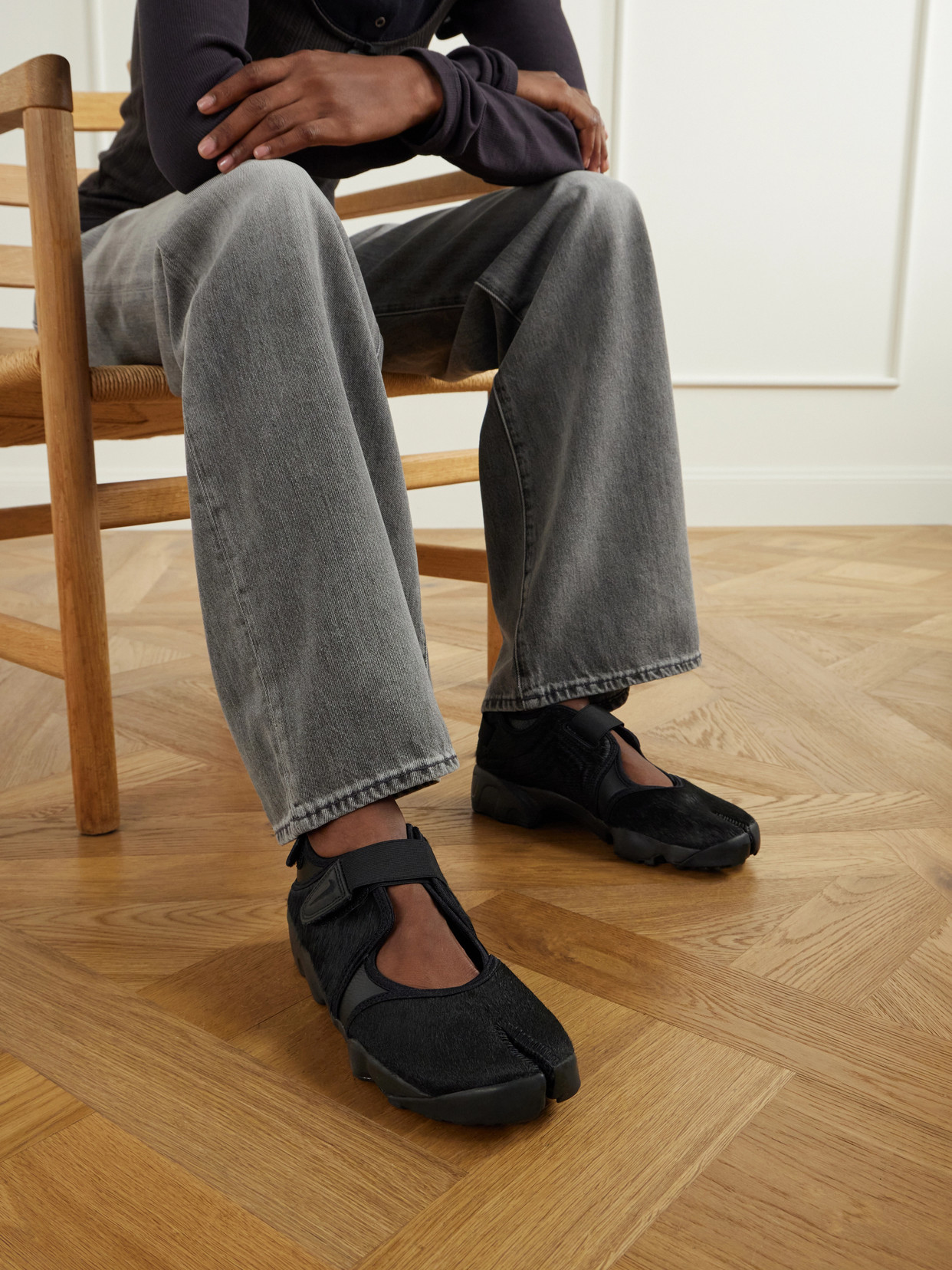 Air Rift Rubber-Trimmed Calf Hair Split-Toe Sneakers
