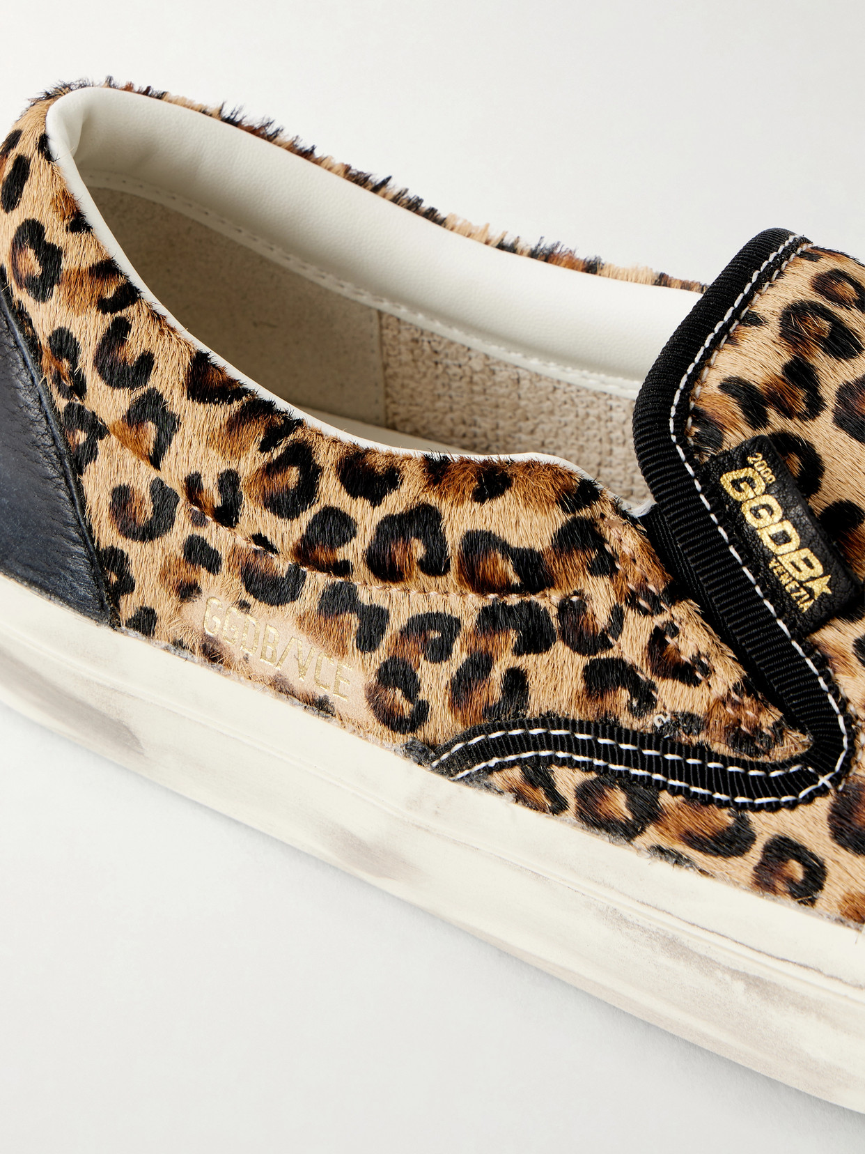Vce Horsy Distressed Leather-Trimmed Leopard-Print Pony Hair Slip-On Sneakers