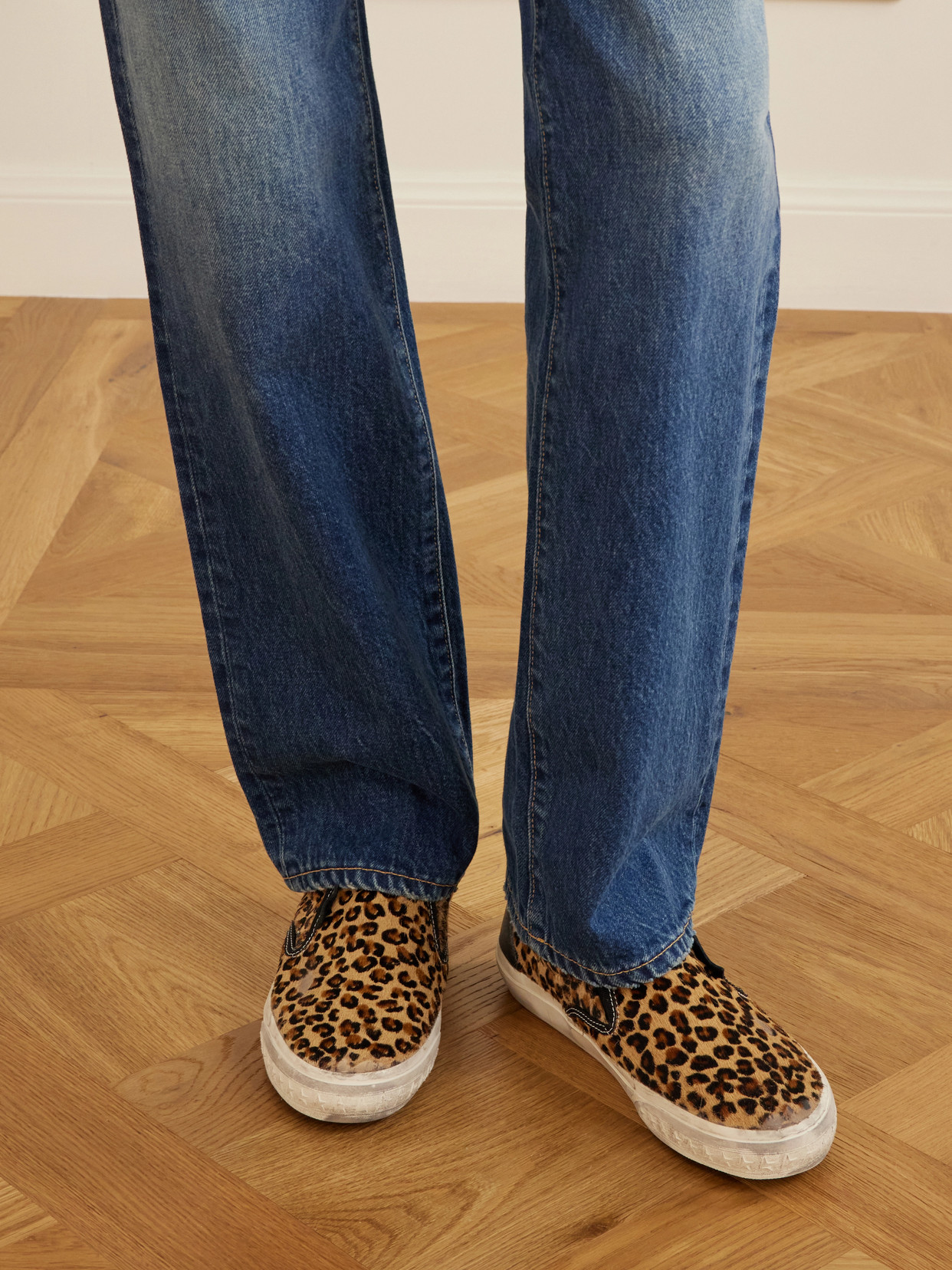 Vce Horsy Distressed Leather-Trimmed Leopard-Print Pony Hair Slip-On Sneakers