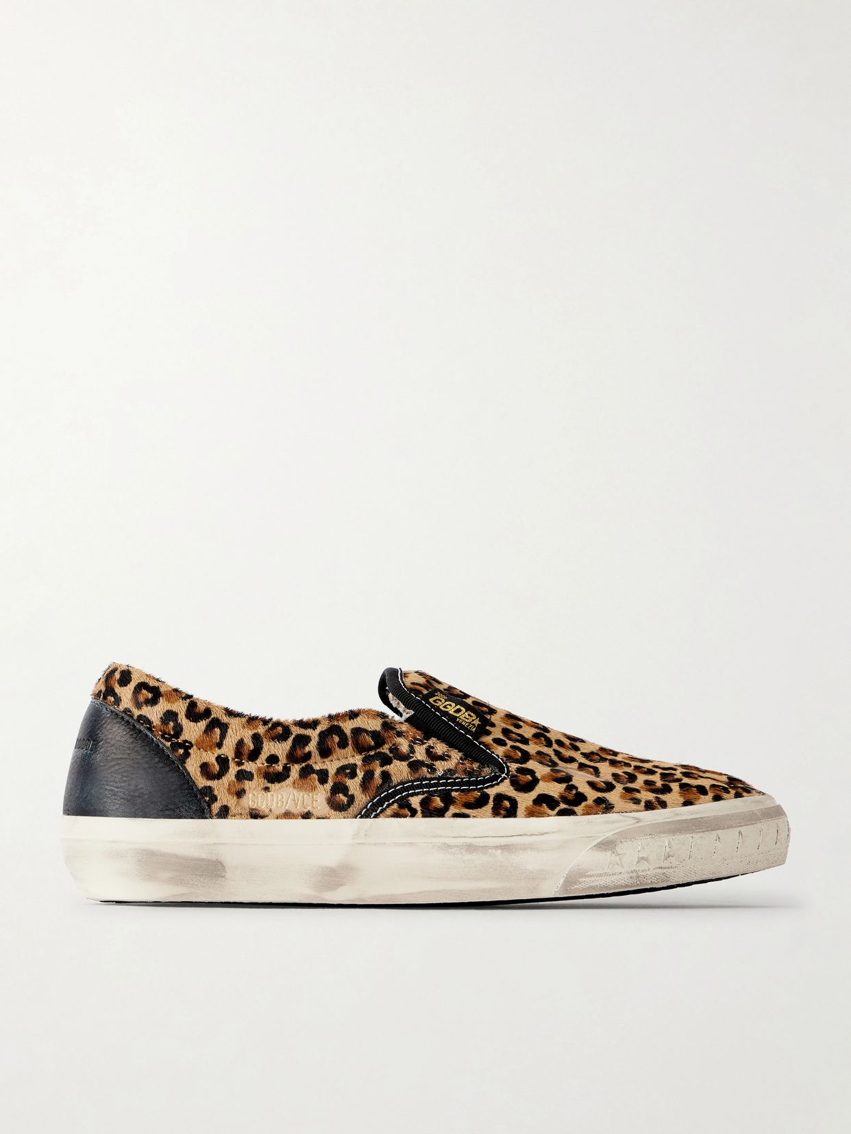 vce horsy distressed leather trimmed leopard print pony hair slip on sneakers