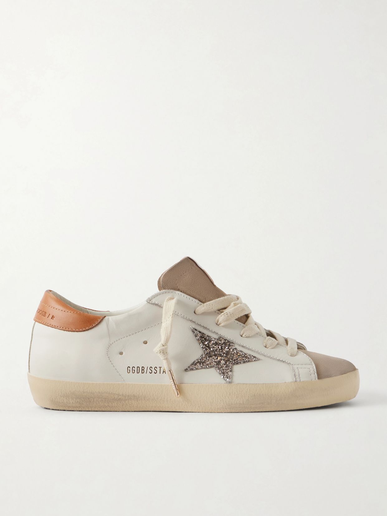 super star distressed glittered suede trimmed leather sneakers