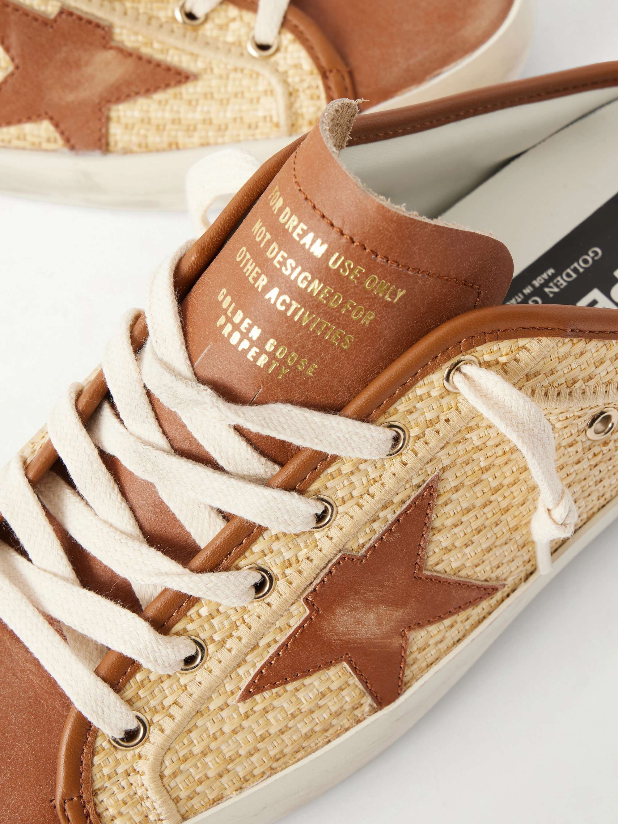 GOLDEN GOOSE Super-Star Sabot distressed leather-trimmed raffia