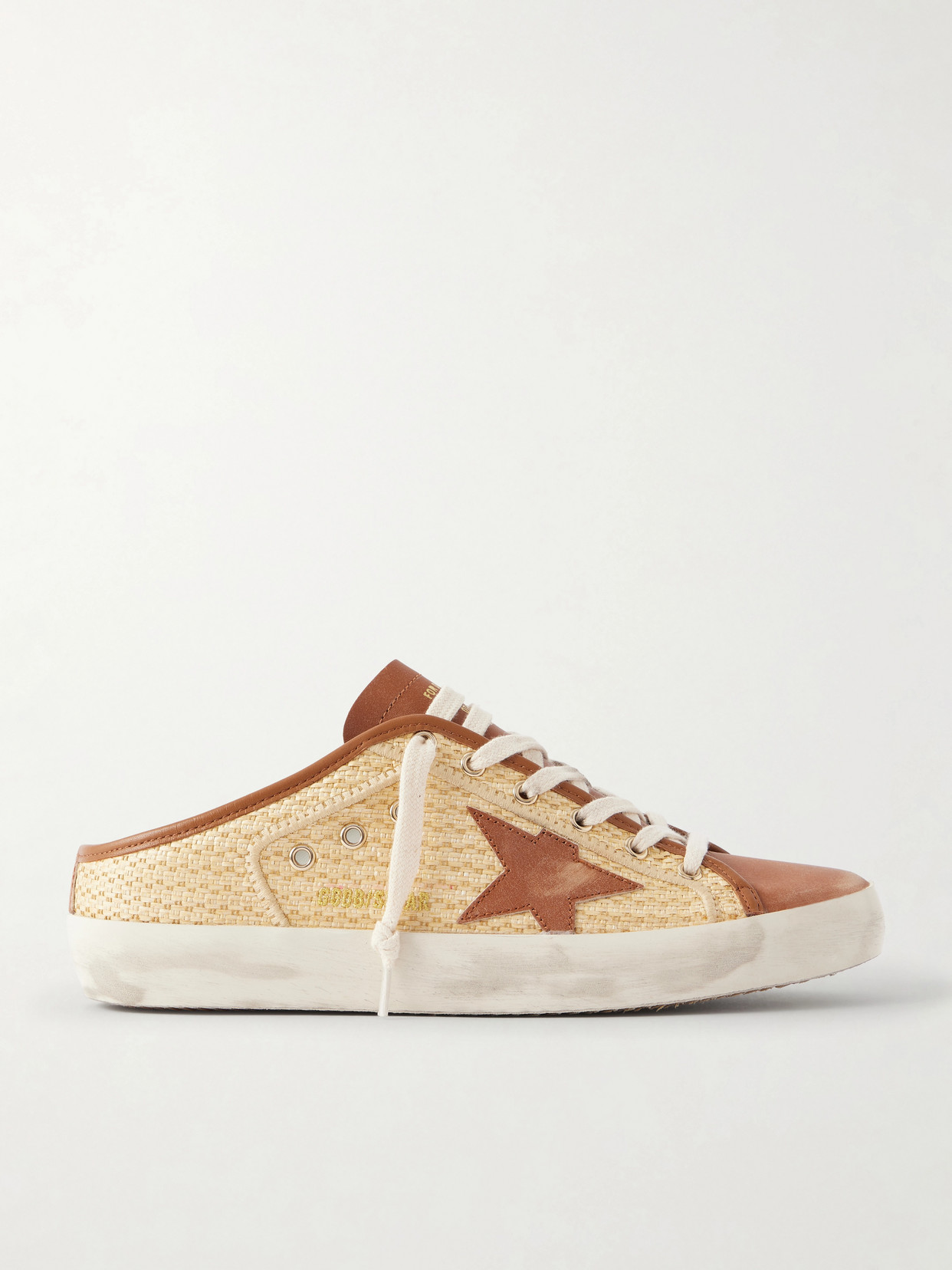 Super-Star Sabot Distressed Leather-Trimmed Raffia Slip-On Sneakers