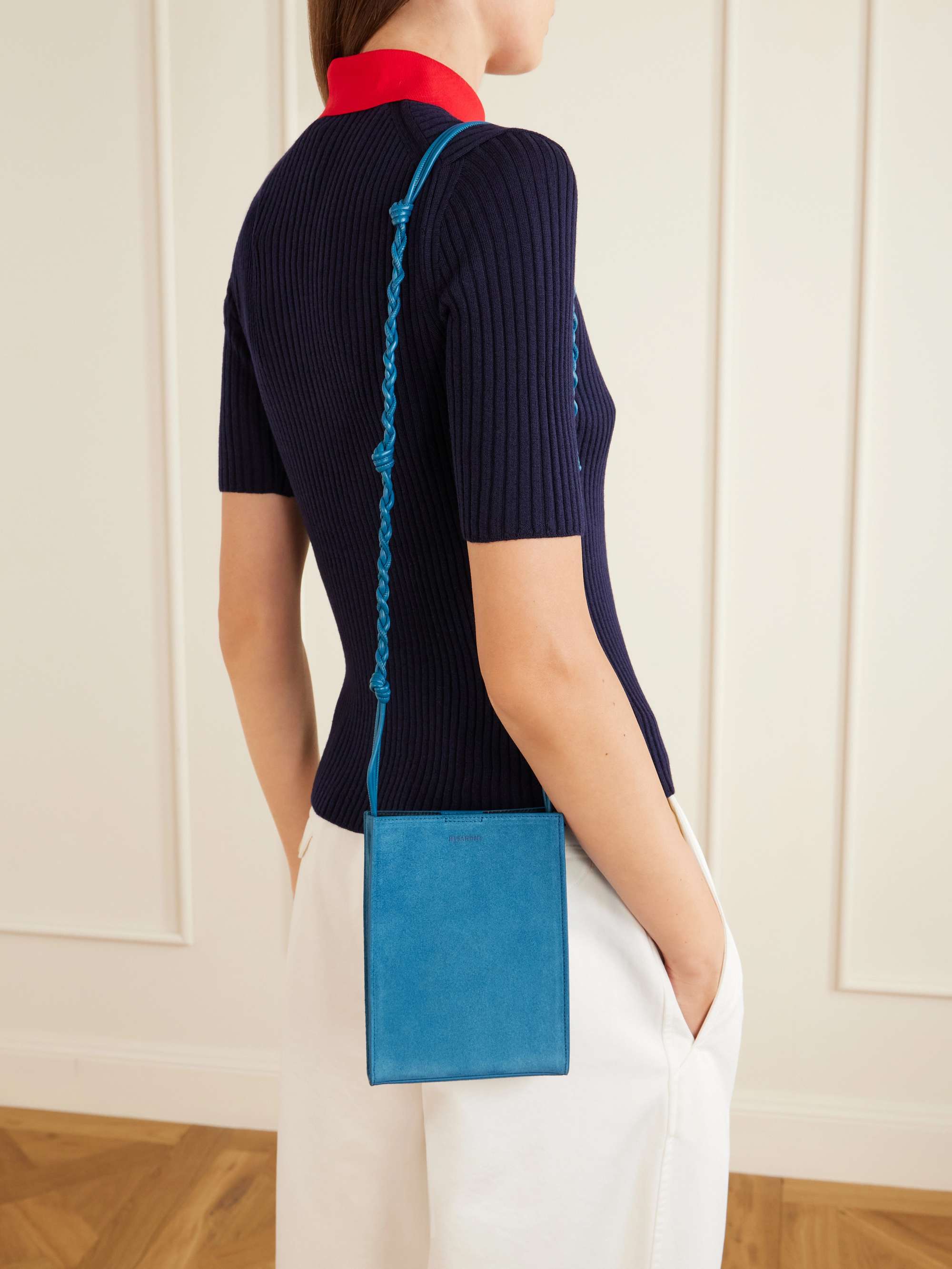 JIL SANDER Tangle small leather-trimmed suede shoulder bag | NET-A