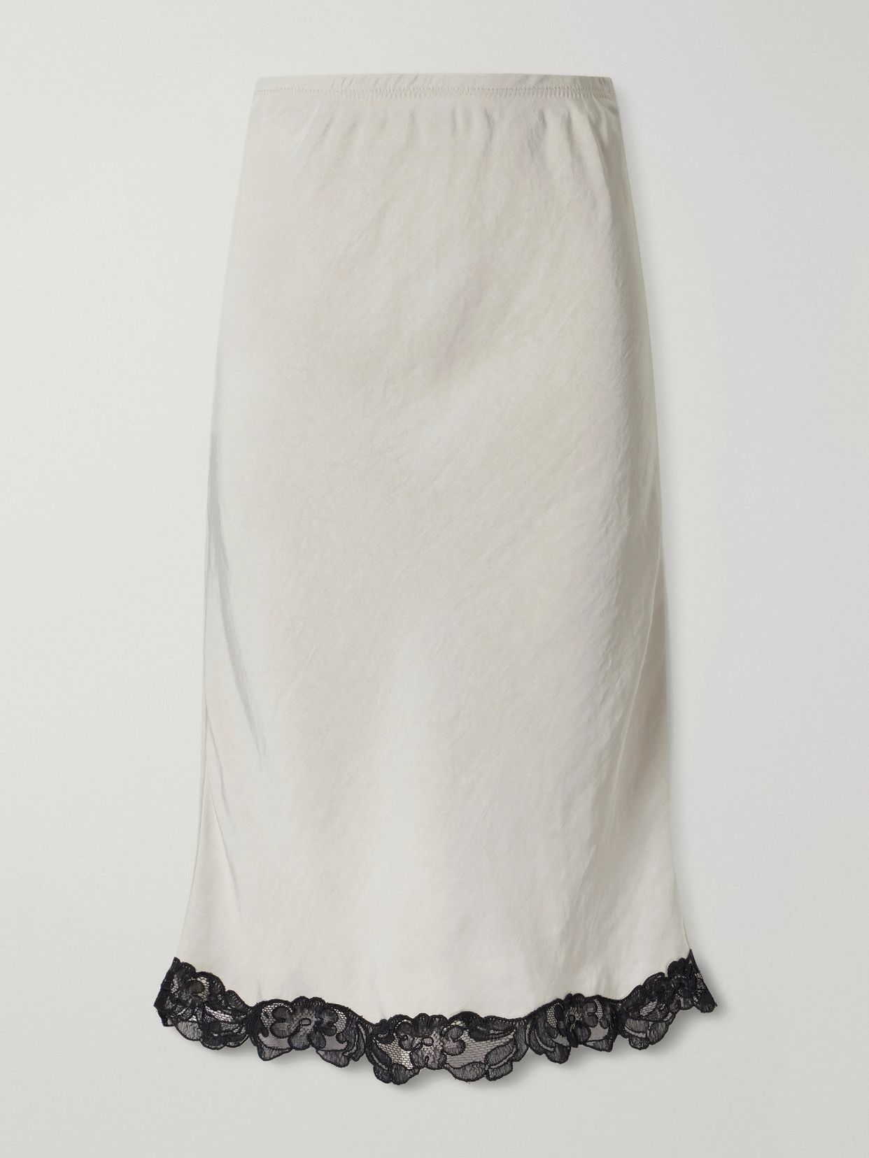 lace trimmed satin midi skirt