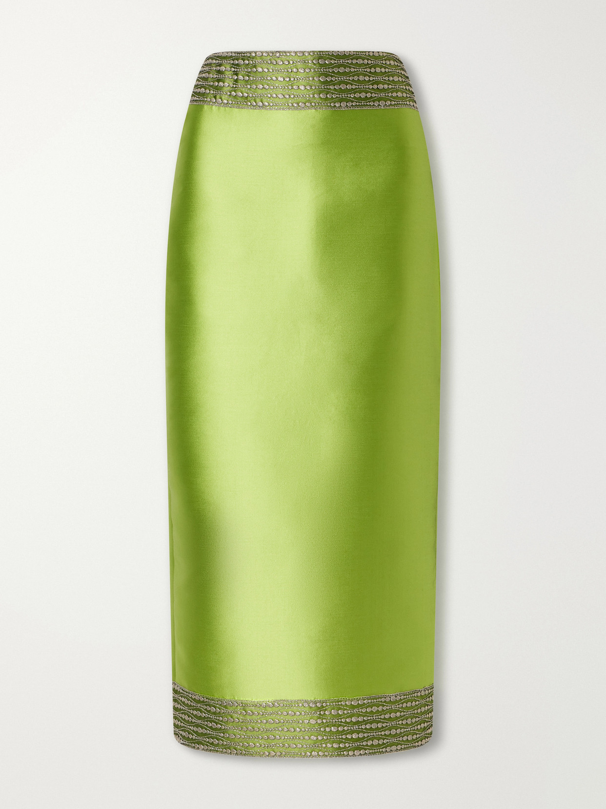D'estree Monica Embroidered Satin Midi Skirt In Green