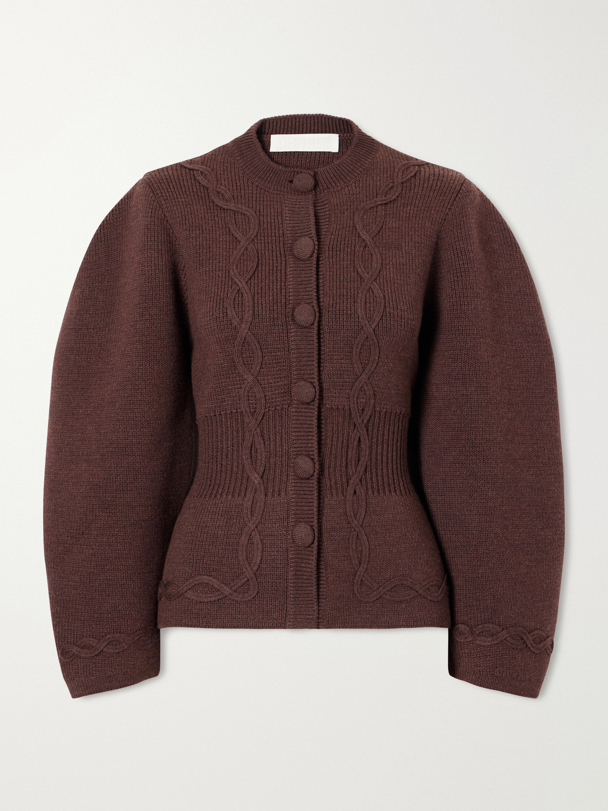 D'estree Embroidered Ribbed-trimmed Wool Cardigan In Brown