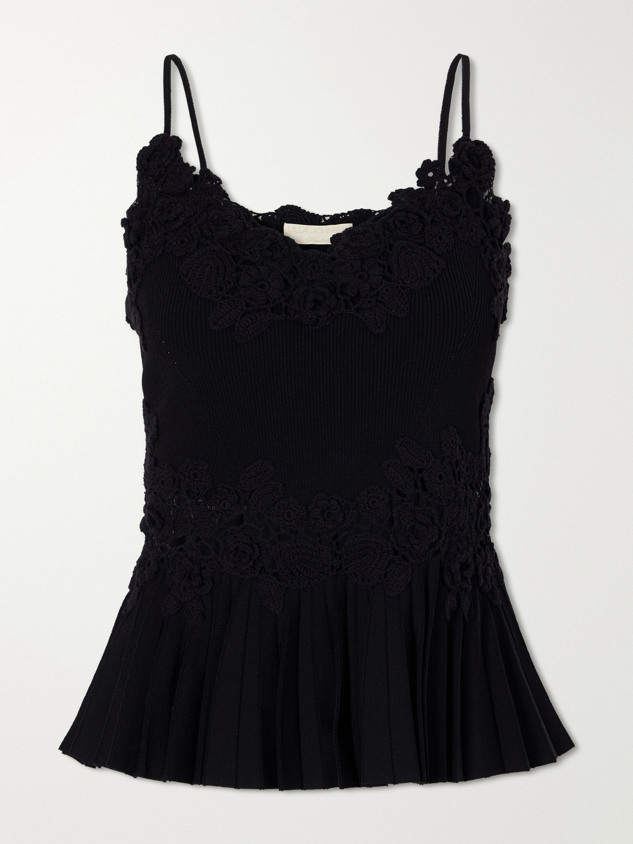 Ulla Johnson Estelle Pleated Crochet-trimmed Ribbed Jersey Tank In Black