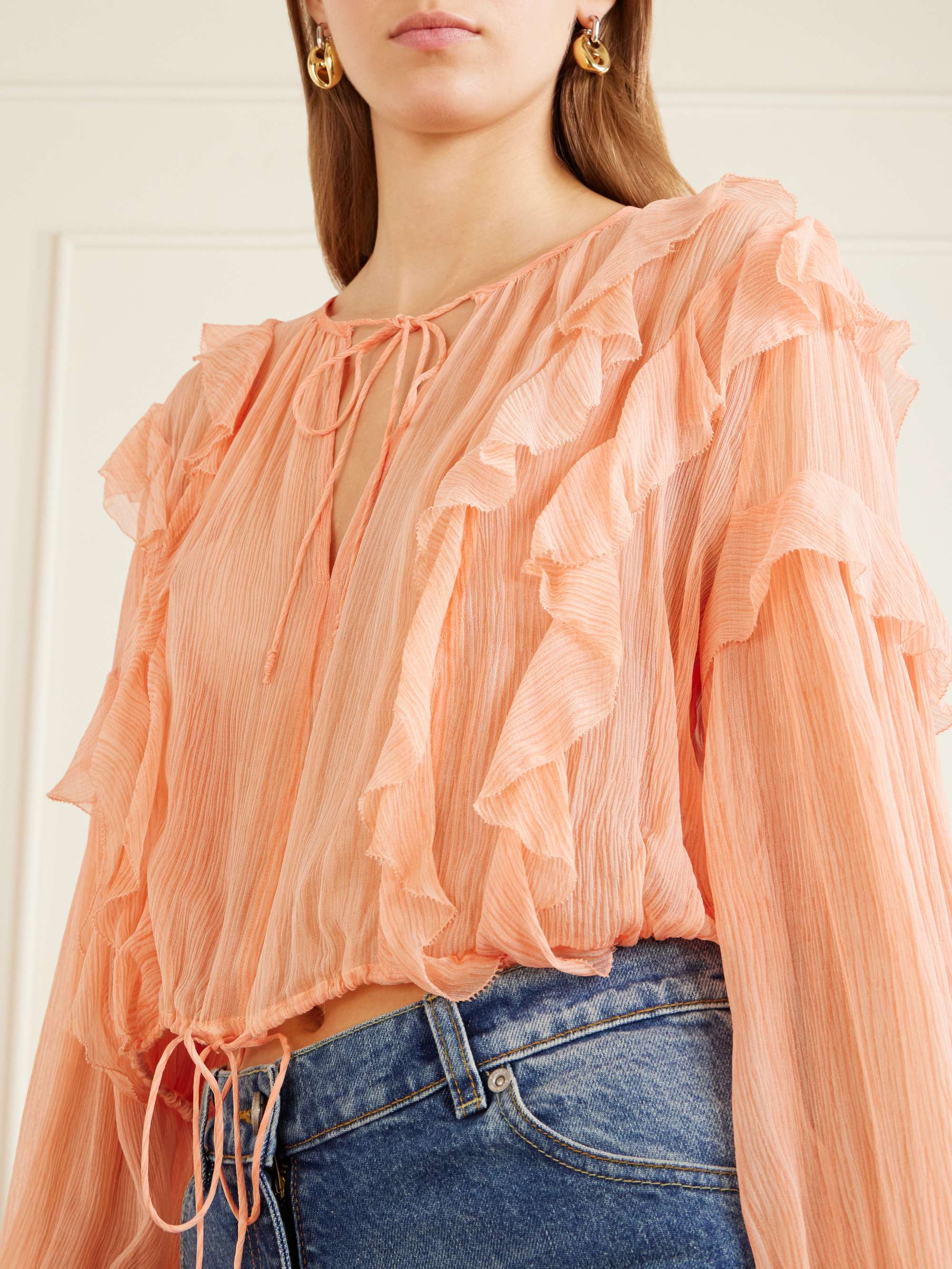ULLA JOHNSON Delfina cropped ruffled silk-crepon blouse | NET-A-PORTER