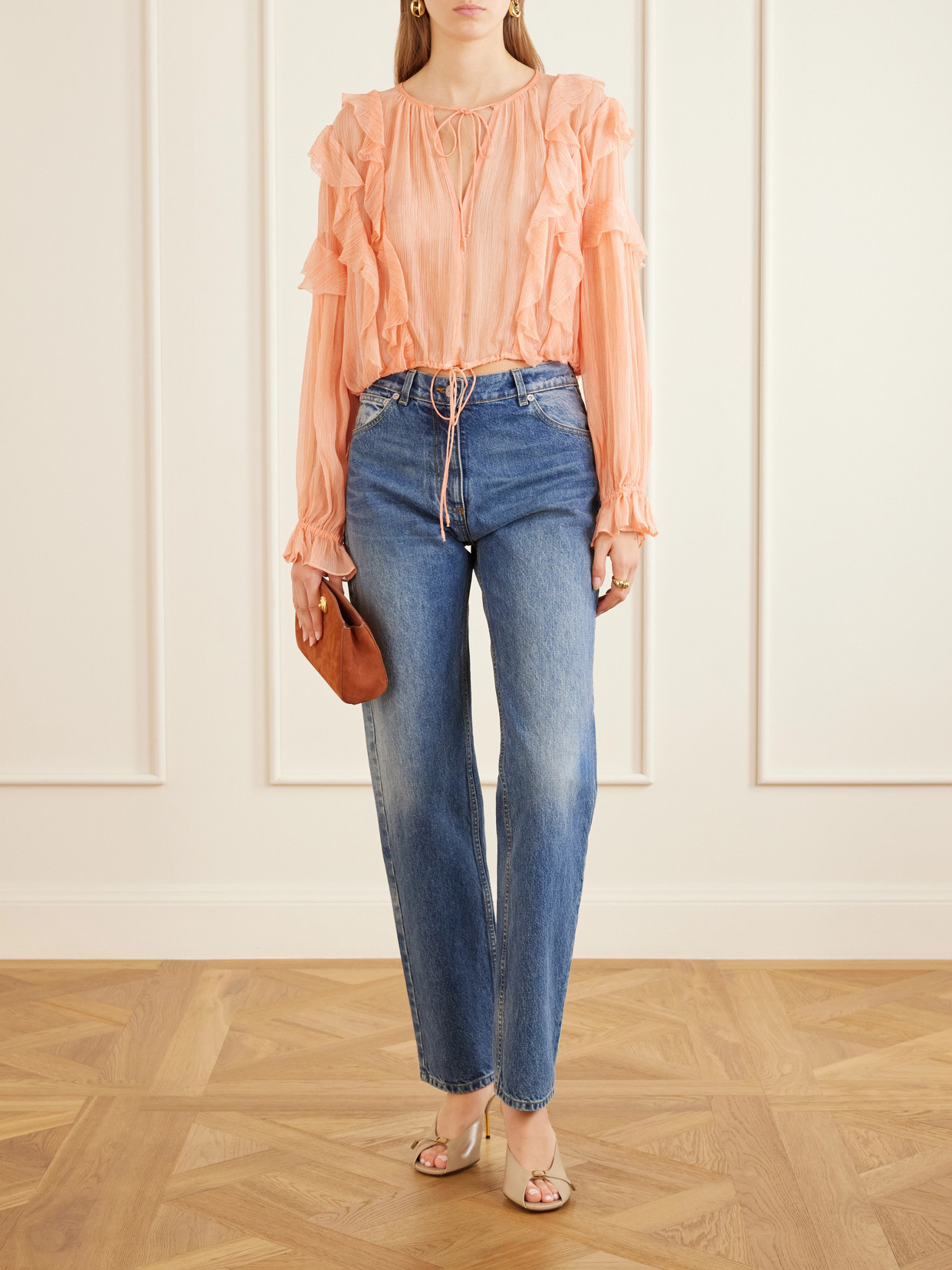 Delfina Cropped Ruffled Silk-Crepon Blouse