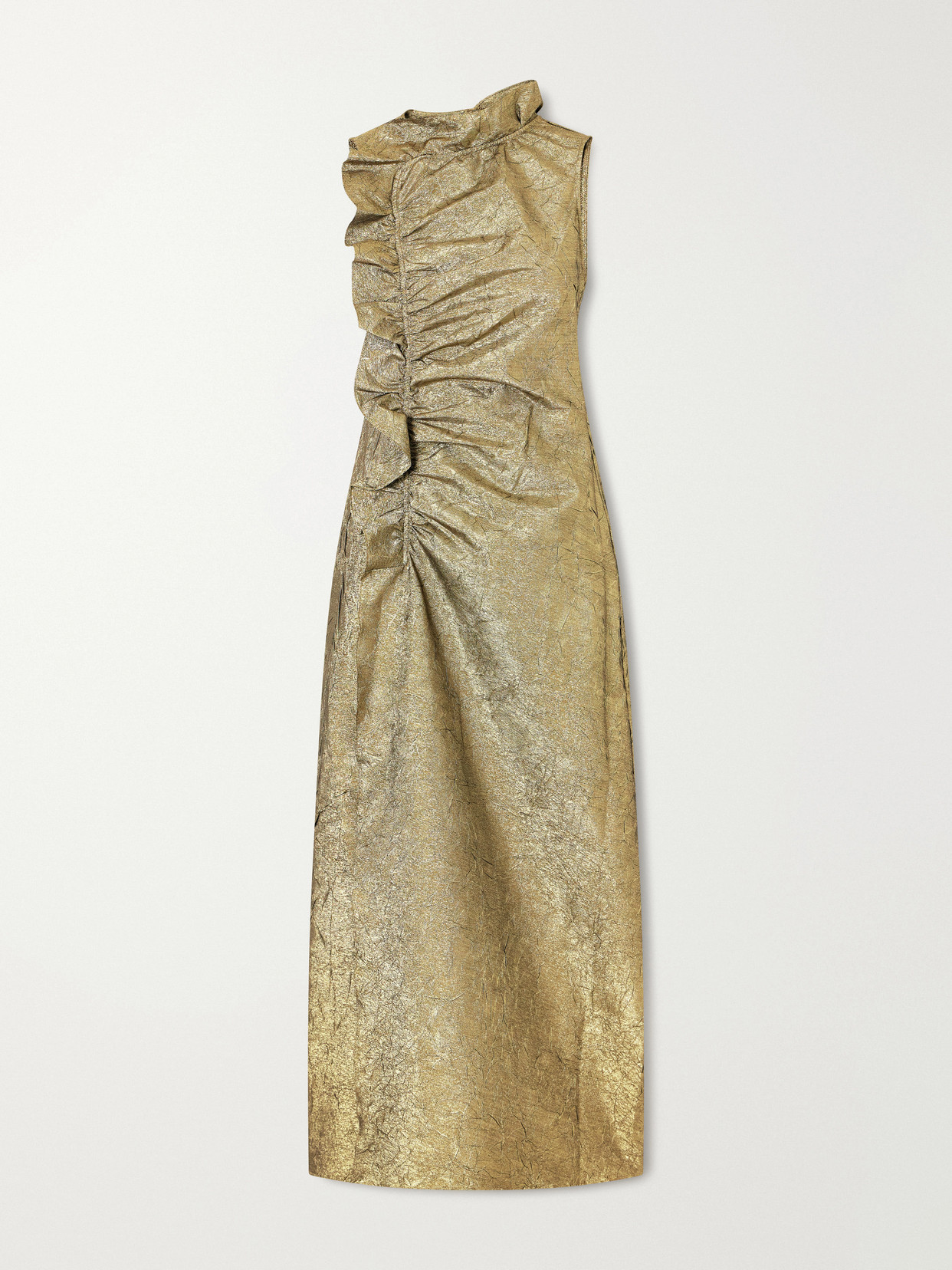 Ulla Johnson Demetria Asymmetric Ruffled Metallic Taffeta Midi Dress In Gold