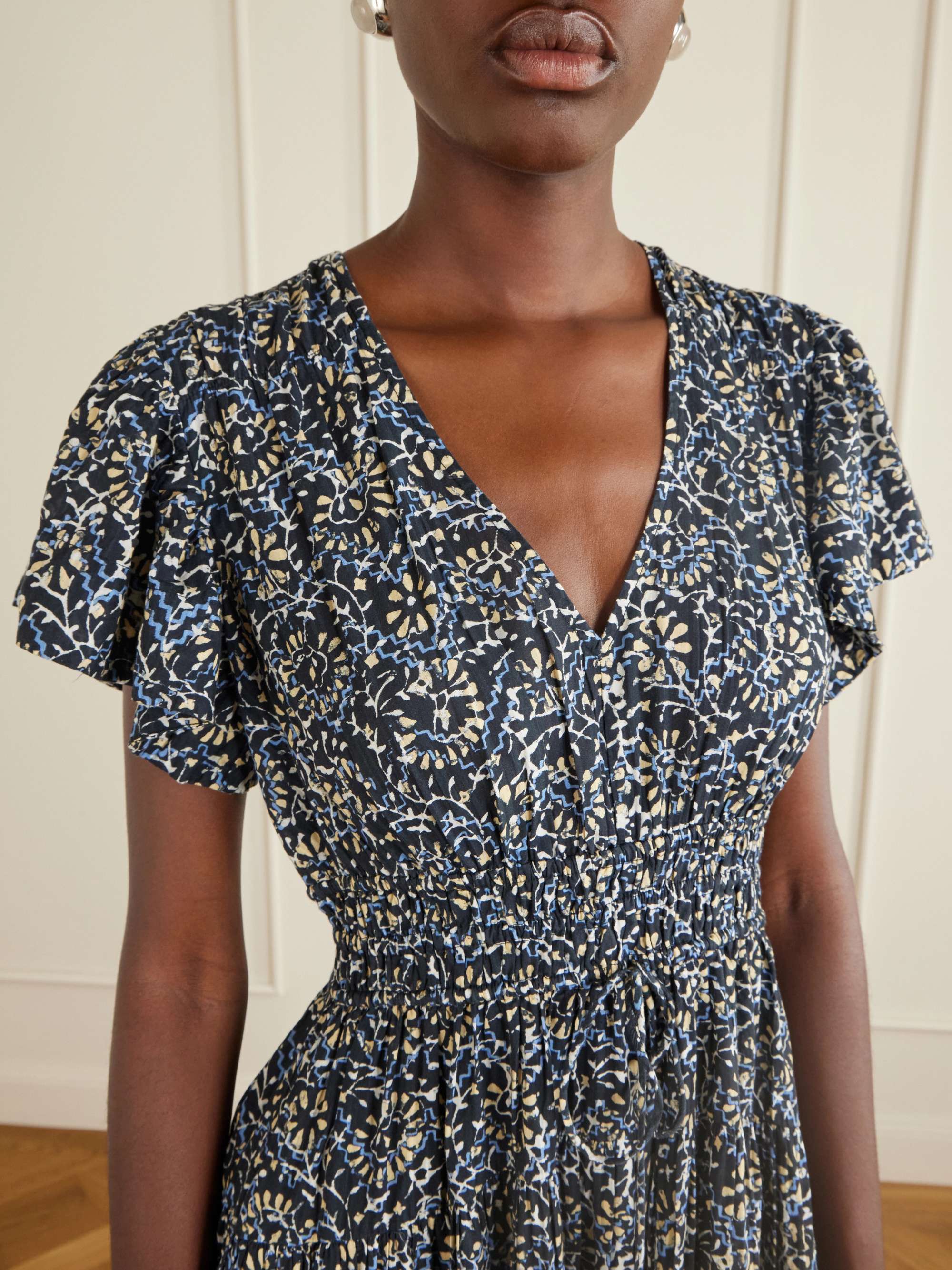ulla johnson gathered printed cotton poplin midi dress ULLA JOHNSON Lyria gathered printed cotton-blend midi dress