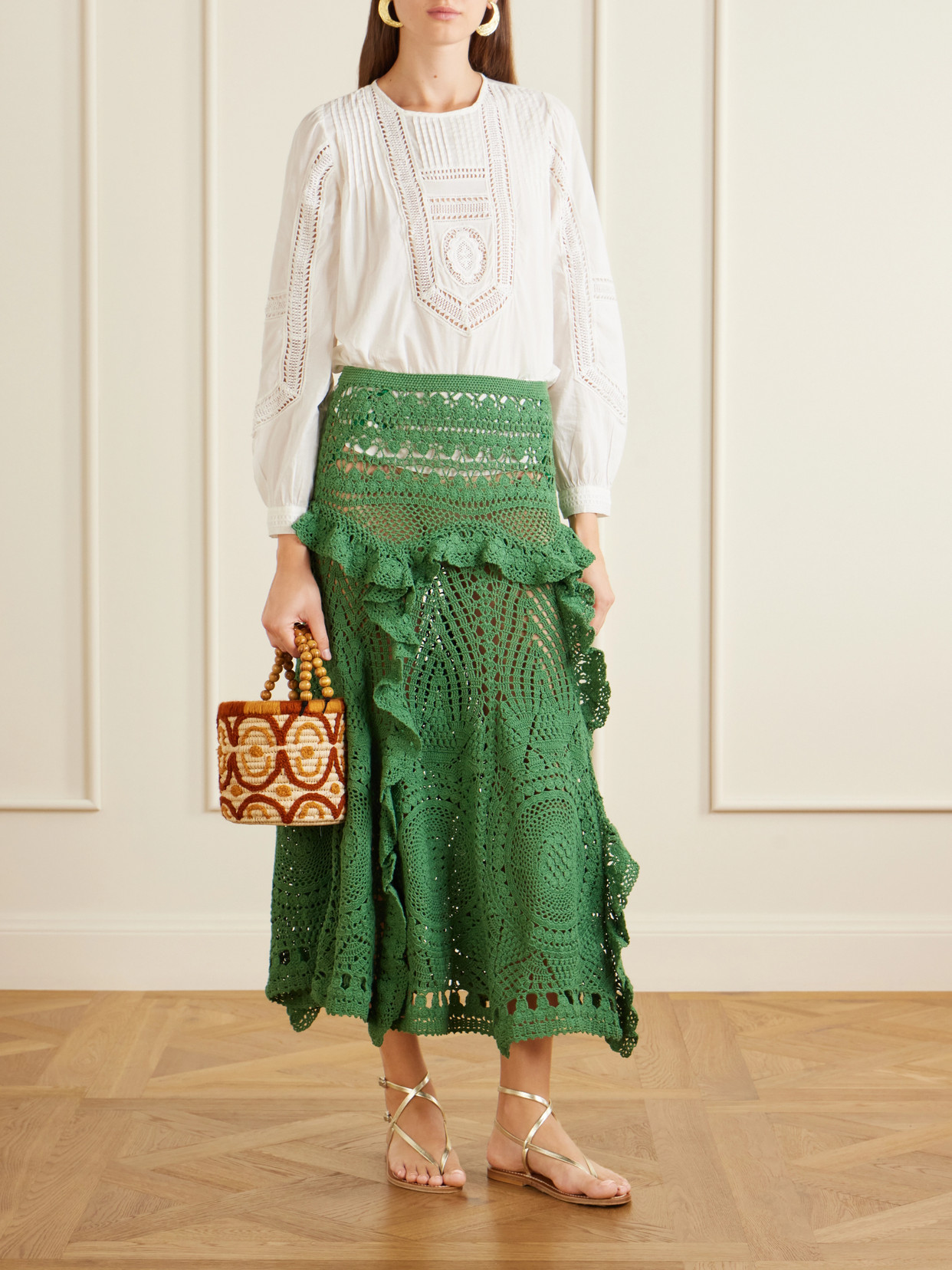 Floretta Ruffled Crocheted Cotton Midi