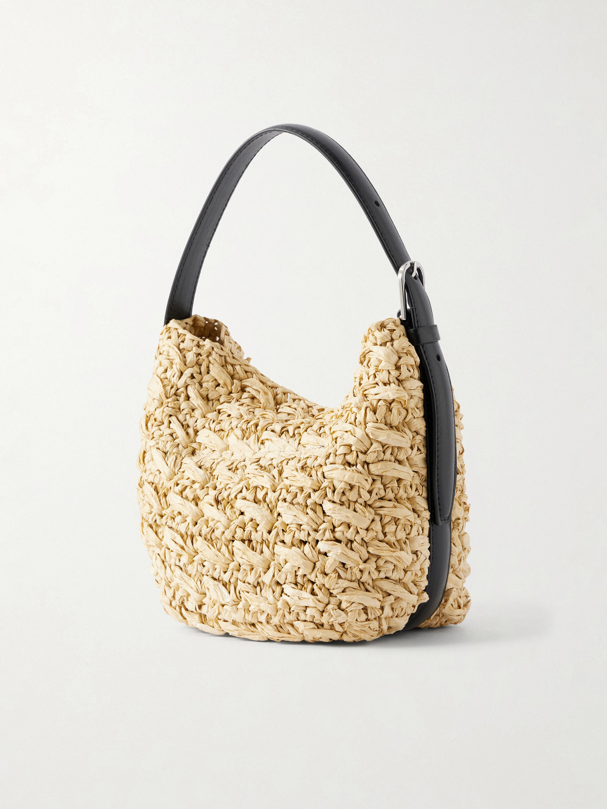 Belted Small Leather-Trimmed Raffia Shoulder Bag