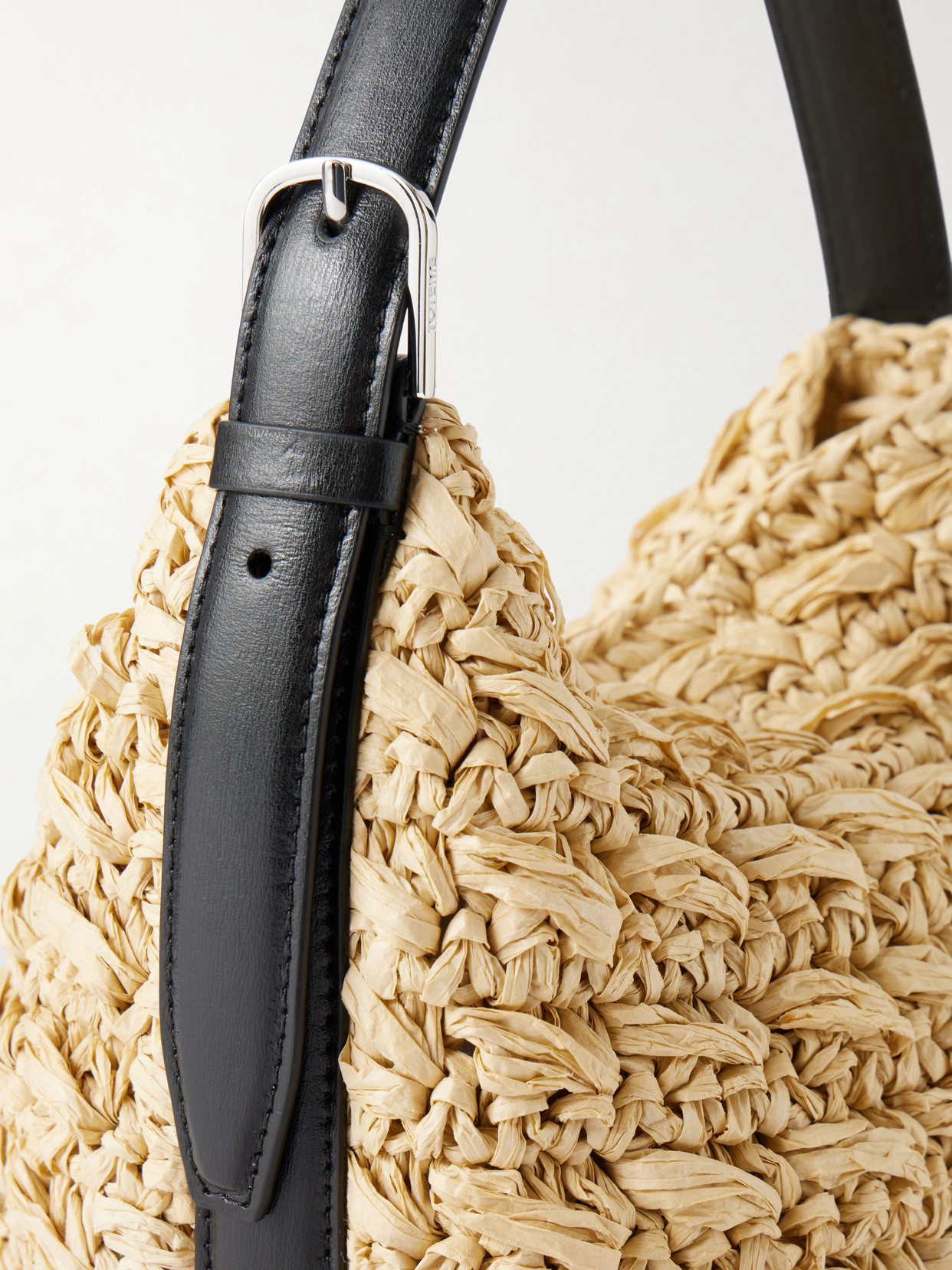 Belted Small Leather-Trimmed Raffia Shoulder Bag