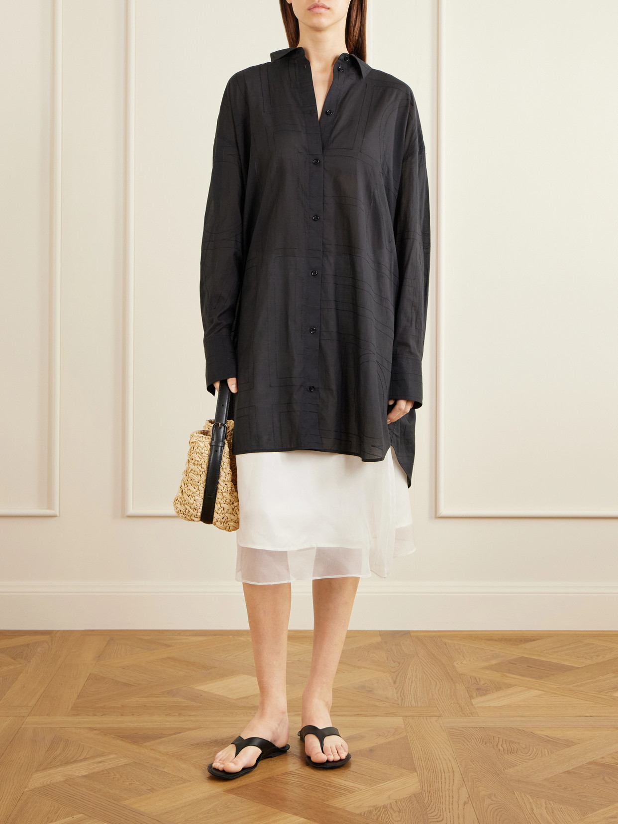 Belted Small Leather-Trimmed Raffia Shoulder Bag