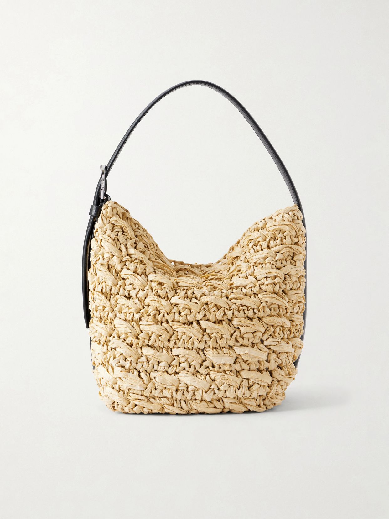 Belted small leather-trimmed raffia shoulder bag