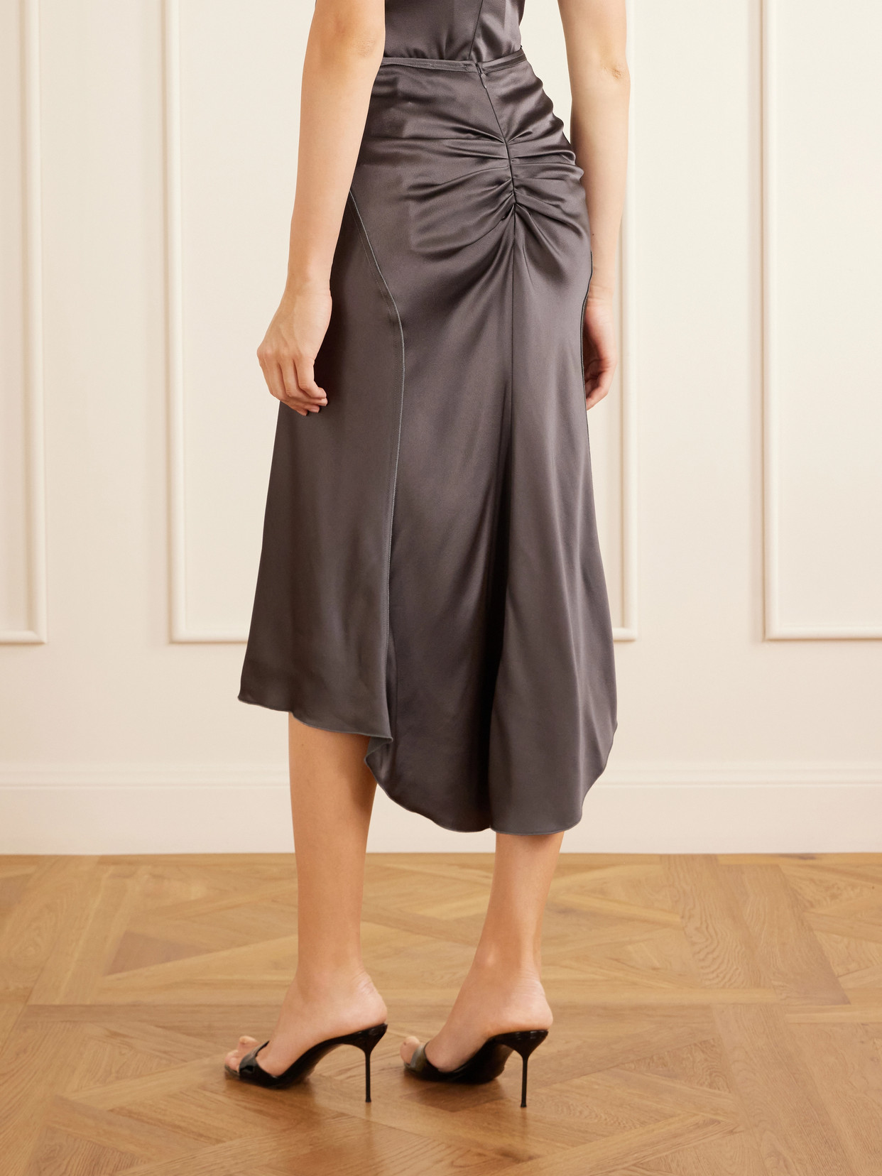 Victoria Beckham Womens Ore Bela Draped Satin Midi Skirt In Gray