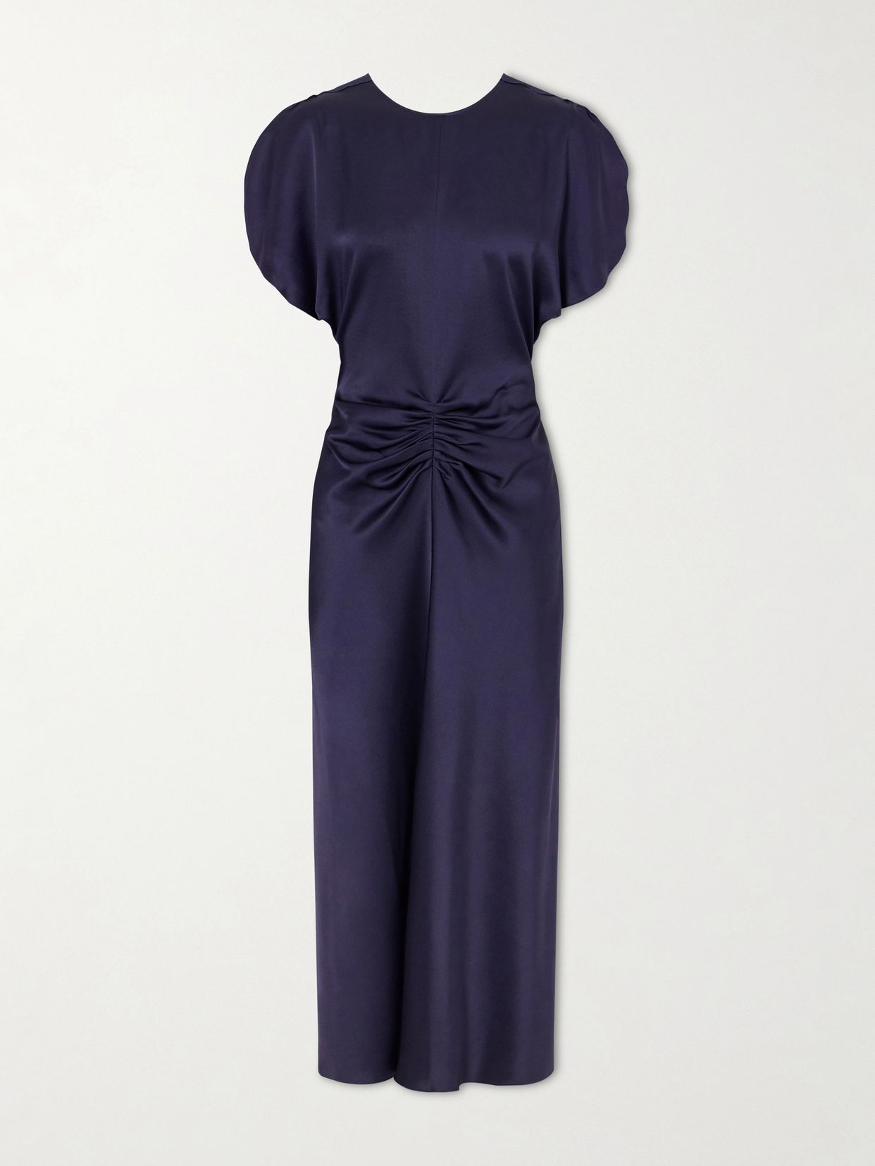 bela gathered satin midi dress