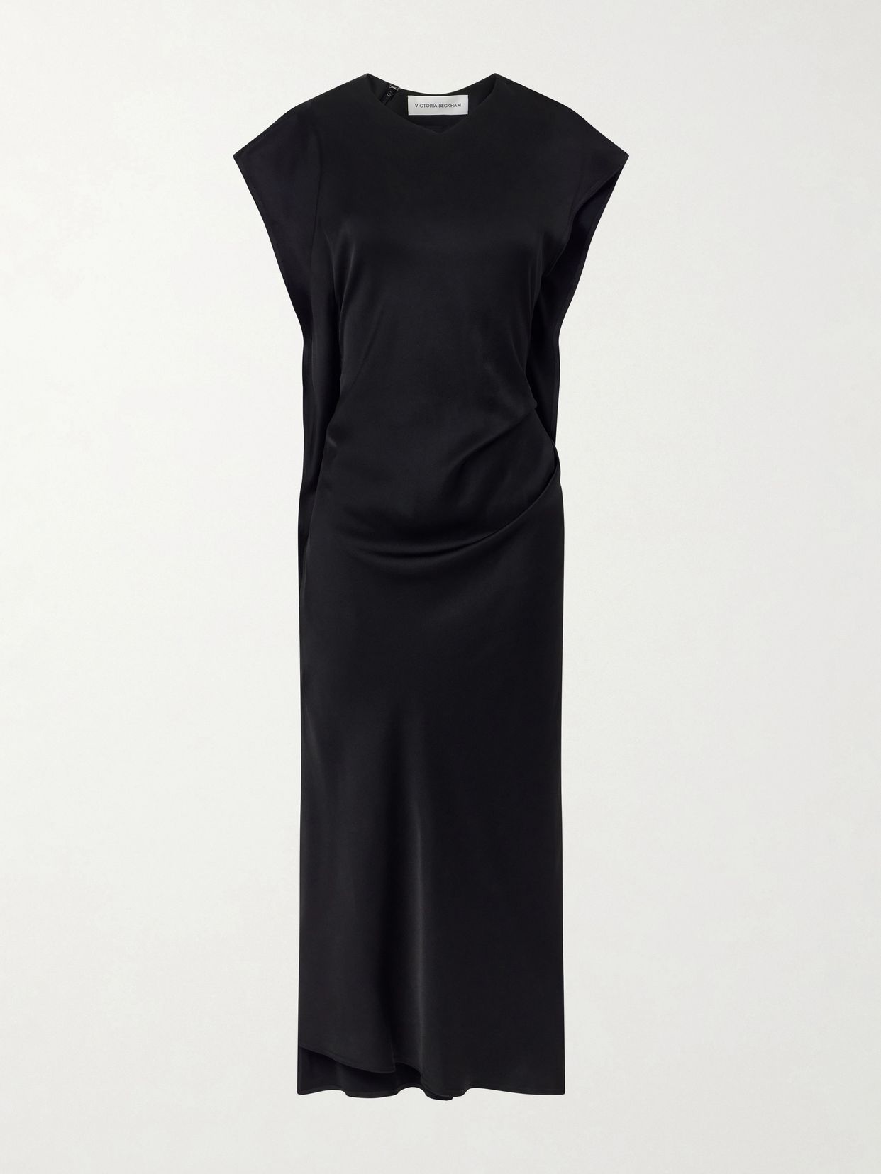 victoria gathered satin midi dress