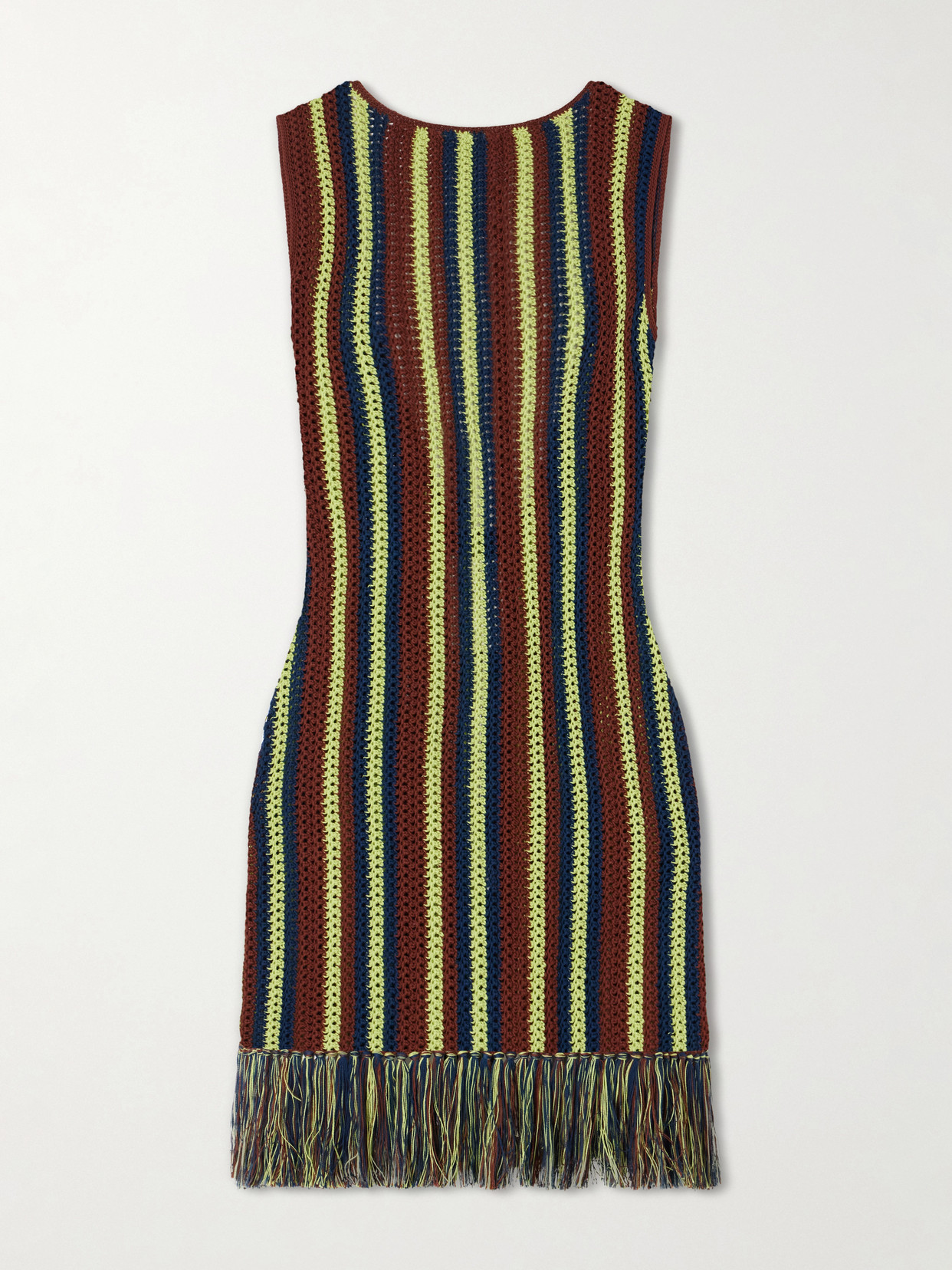Escvdo Misti Matcha Striped Fringe-trimmed Crocheted Cotton Mini Dress In Brown
