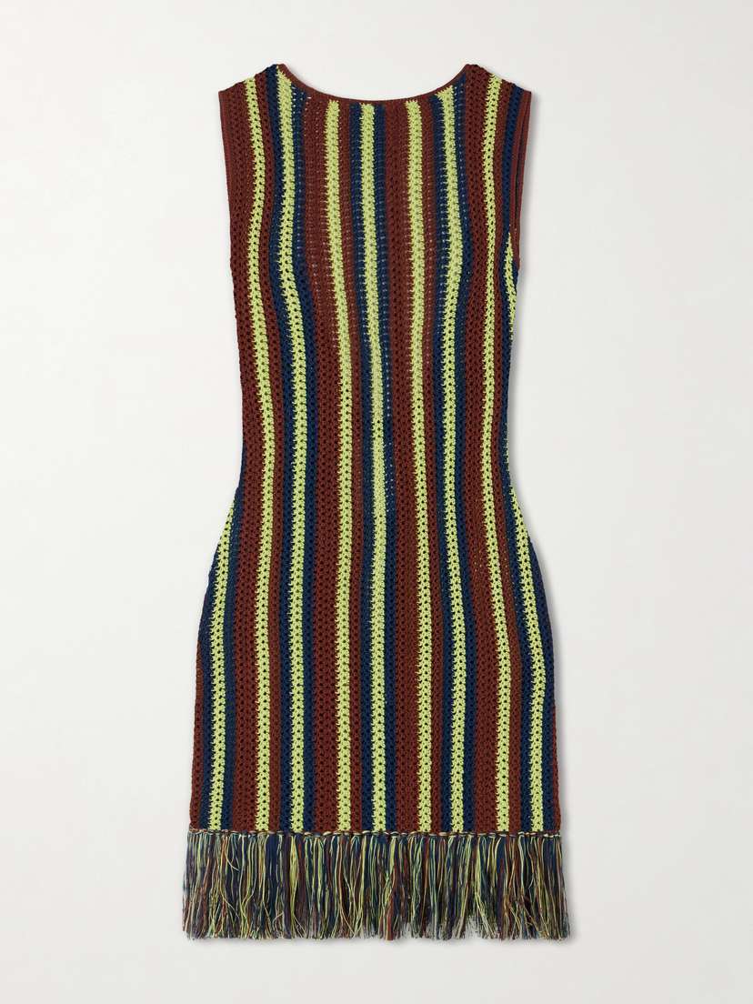 ESCVDO Misti Matcha Striped Fringe-trimmed Crocheted Cotton Mini Dress - Women's Clothing