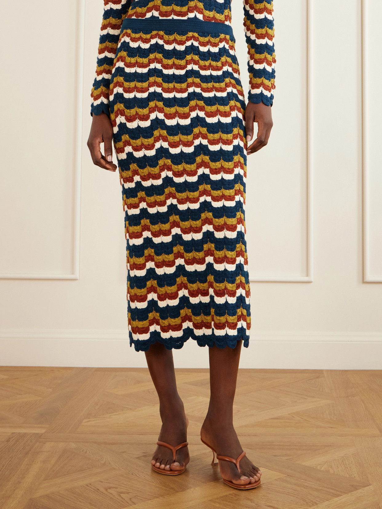 Lucero Striped Crocheted Cotton Midi