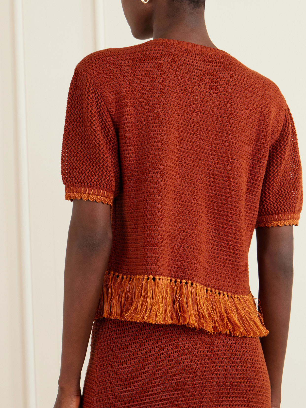 Amada Fringed Crocheted Cotton T-Shirt