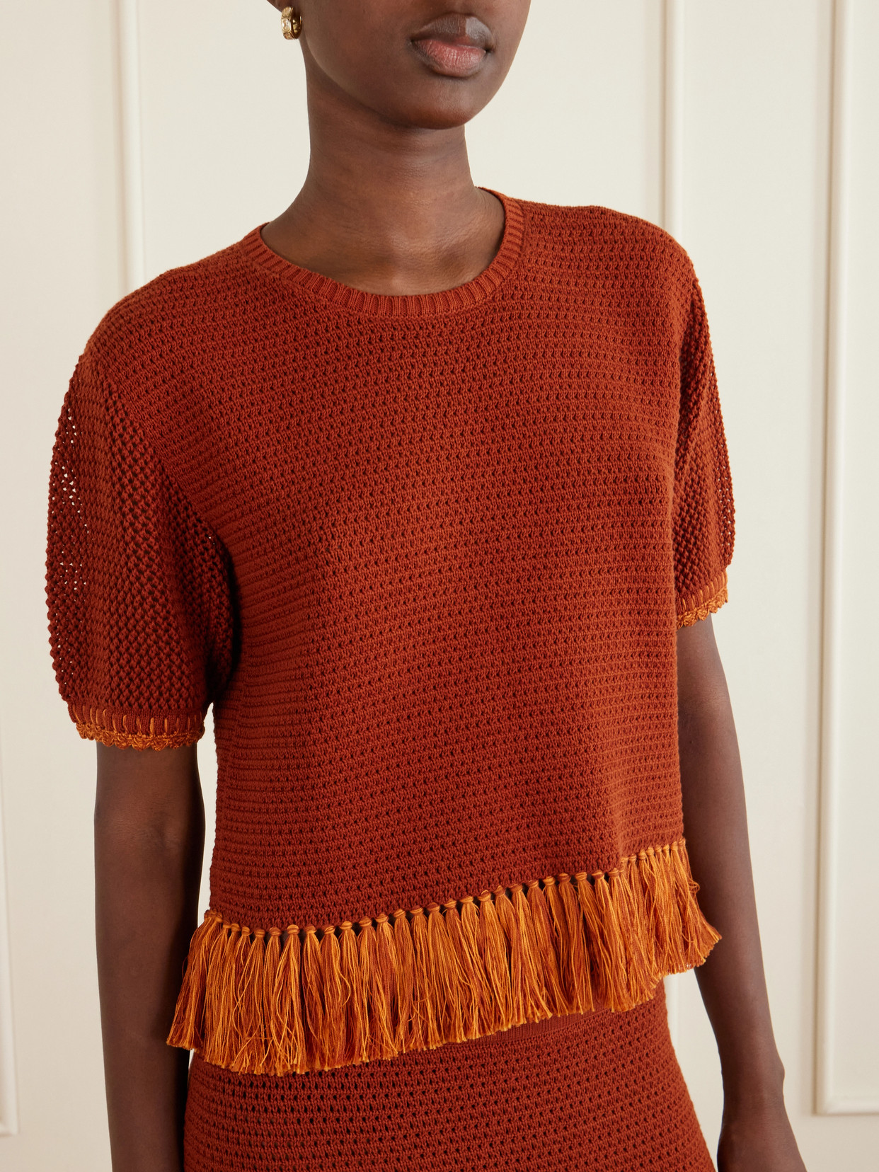 Amada Fringed Crocheted Cotton T-Shirt