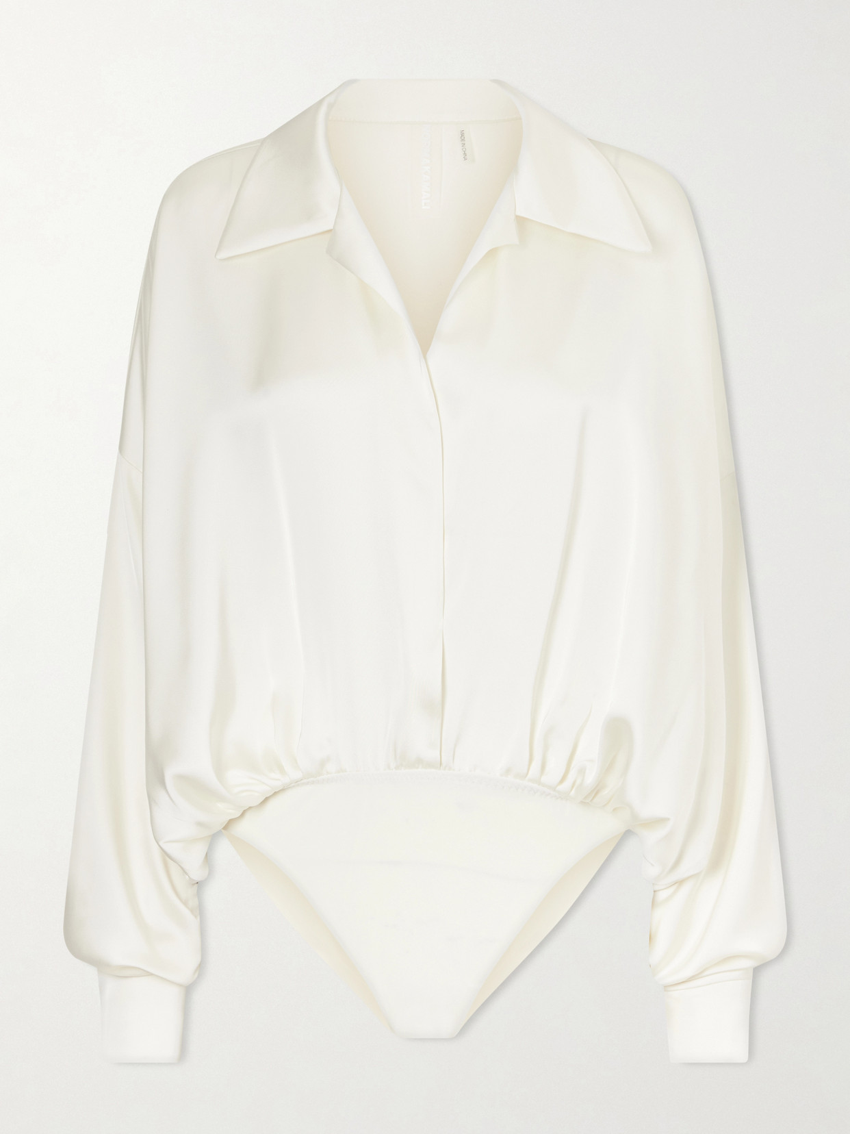 Norma Kamali Boyfriend Shirt Satin Bodysuit In White