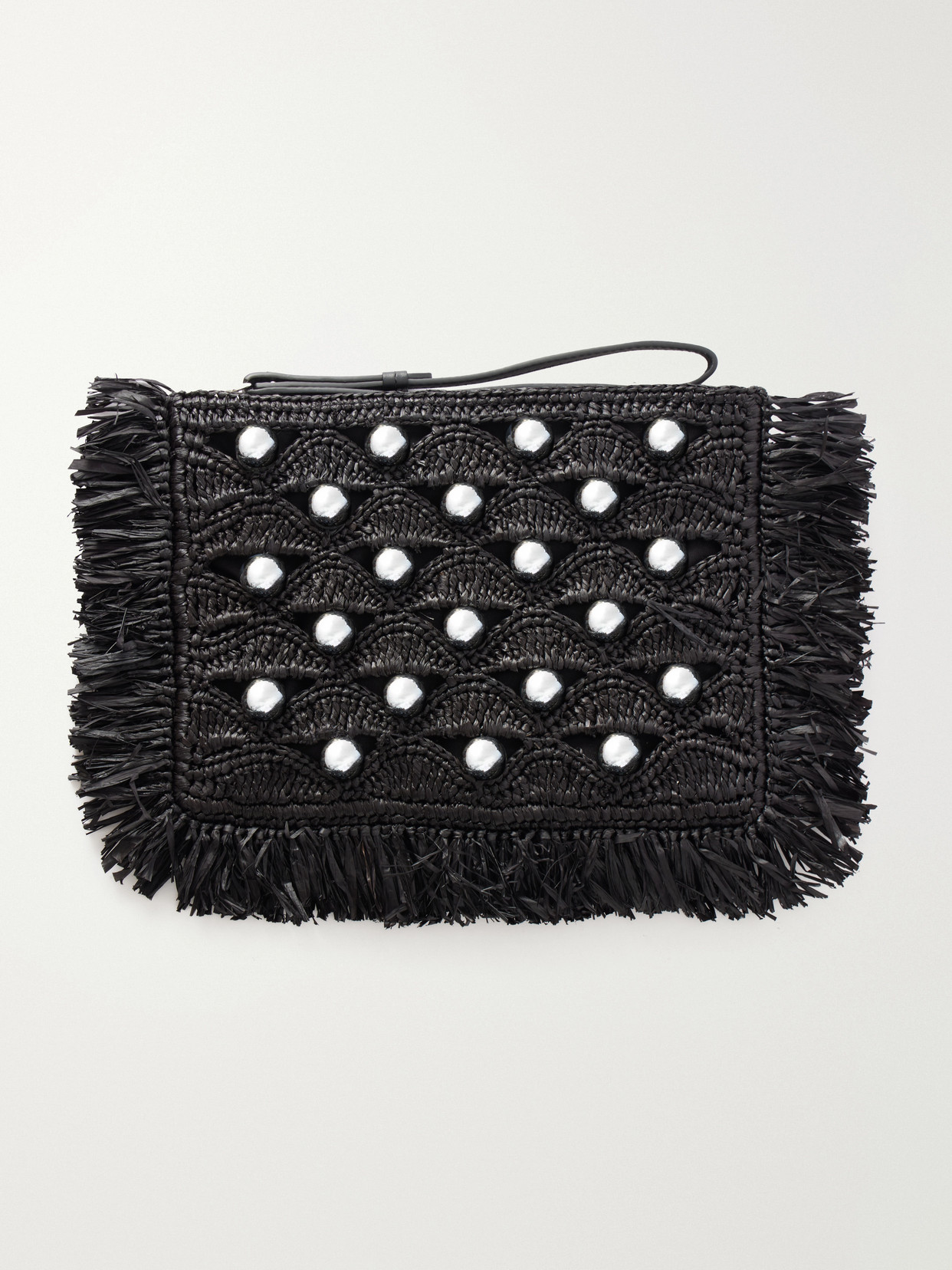 Rabanne Fringed Studded Raffia Clutch In Black