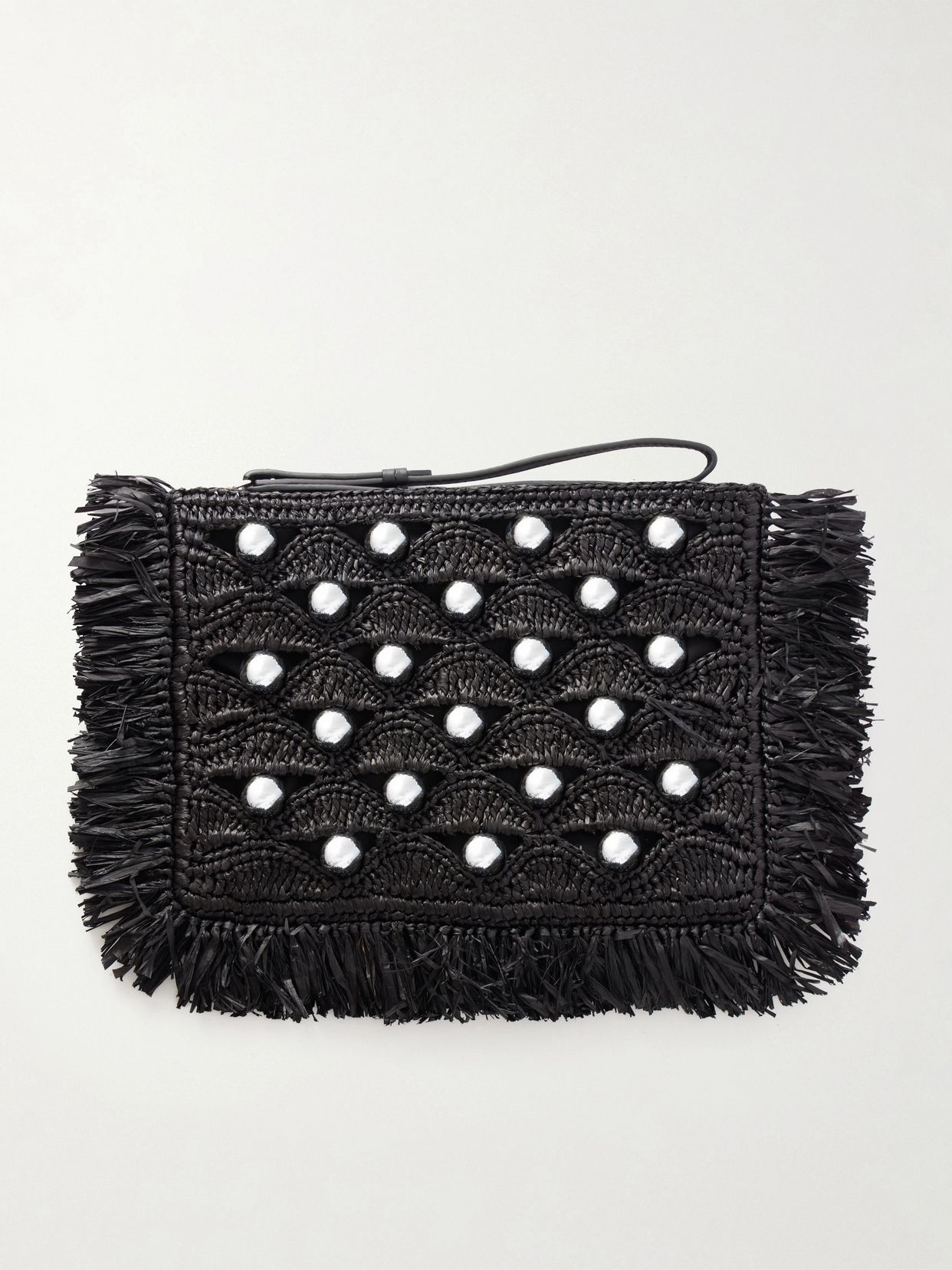 Fringed studded raffia clutch