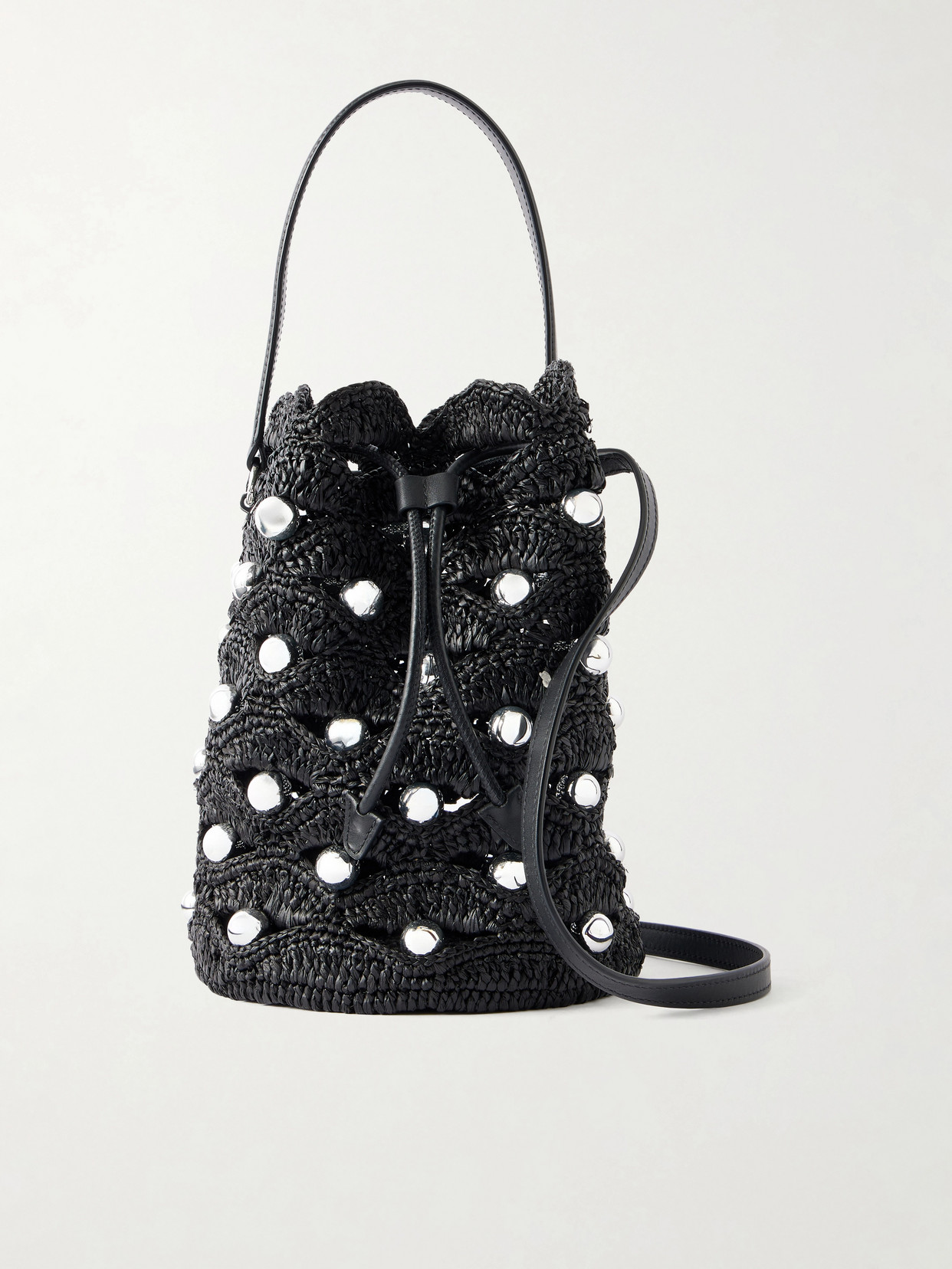 Rabanne Embellished Leather-trimmed Raffia Crossbody Bag In Black