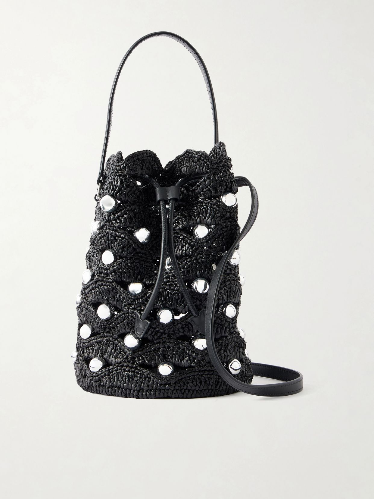 embellished leather trimmed raffia crossbody bag