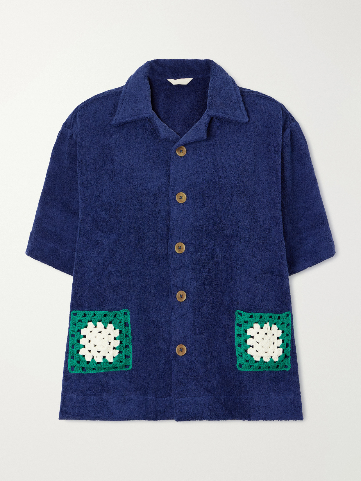 Terry Puesto Boxy Crochet-trimmed Organic Cotton-terry Shirt In Blue