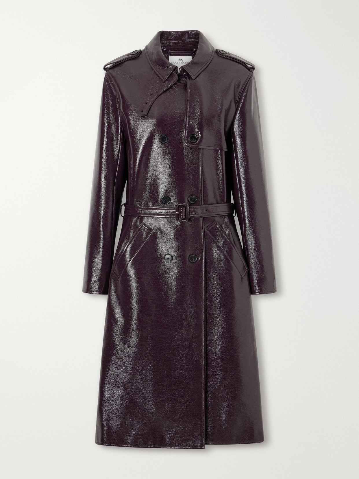 Courrèges Belted Cotton-blend Vinyl Trench Coat In Burgundy