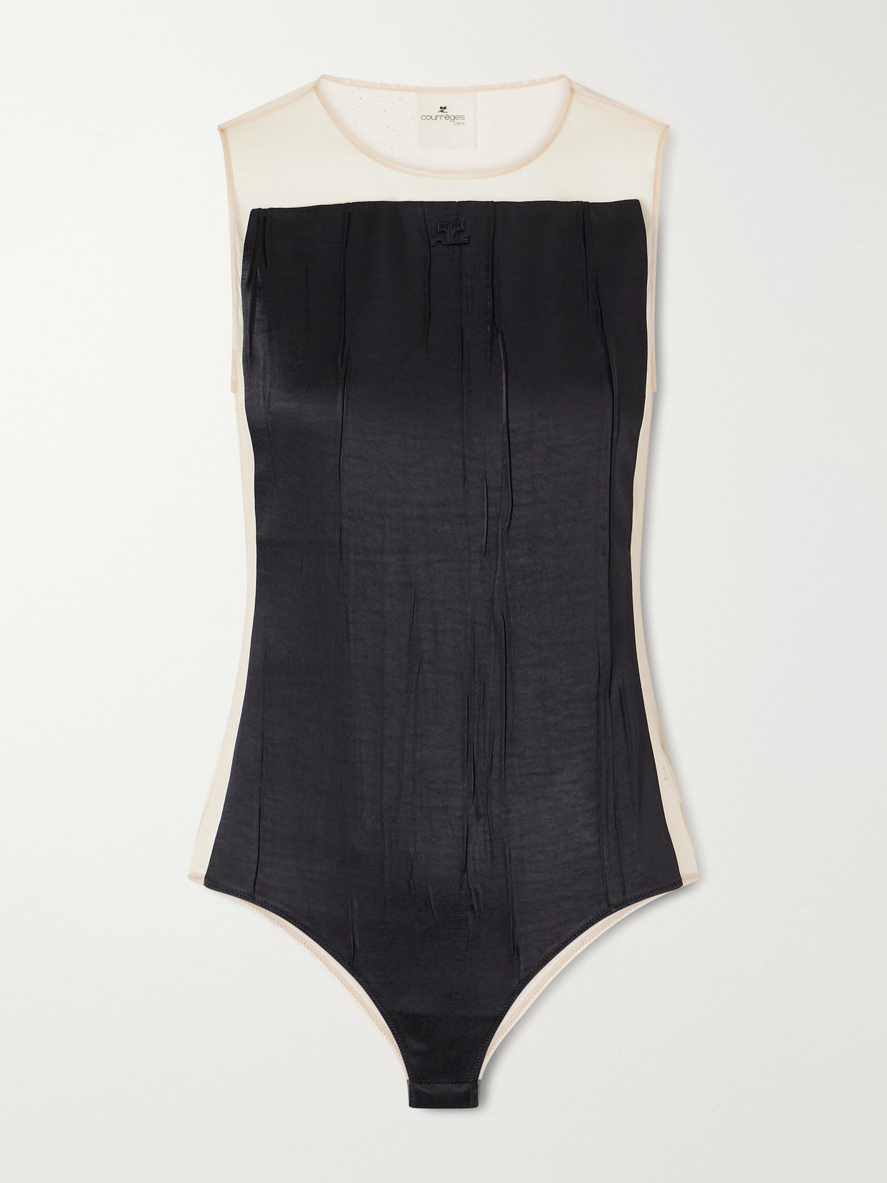 Courrèges Logo-appliqué Crinkled-satin And Organza Bodysuit In Black