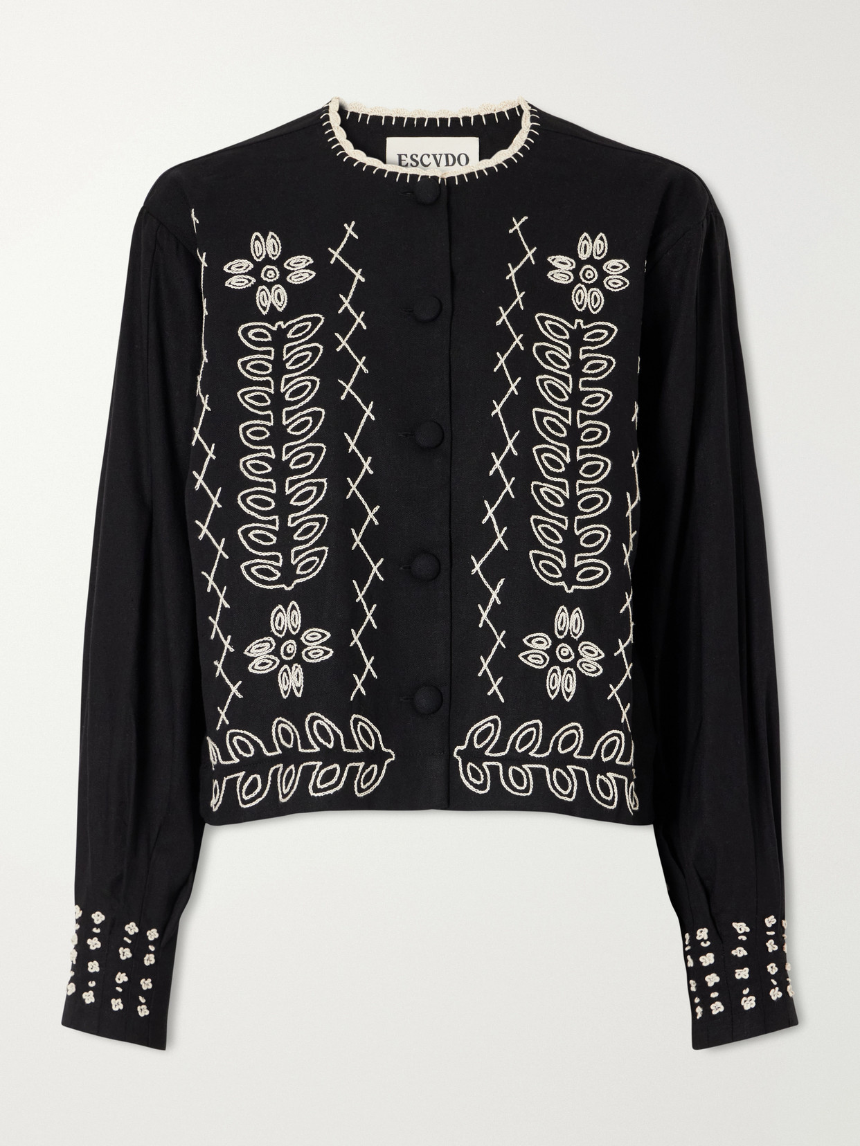Escvdo Libertad Cropped Embroidered Cotton-twill Jacket In Black
