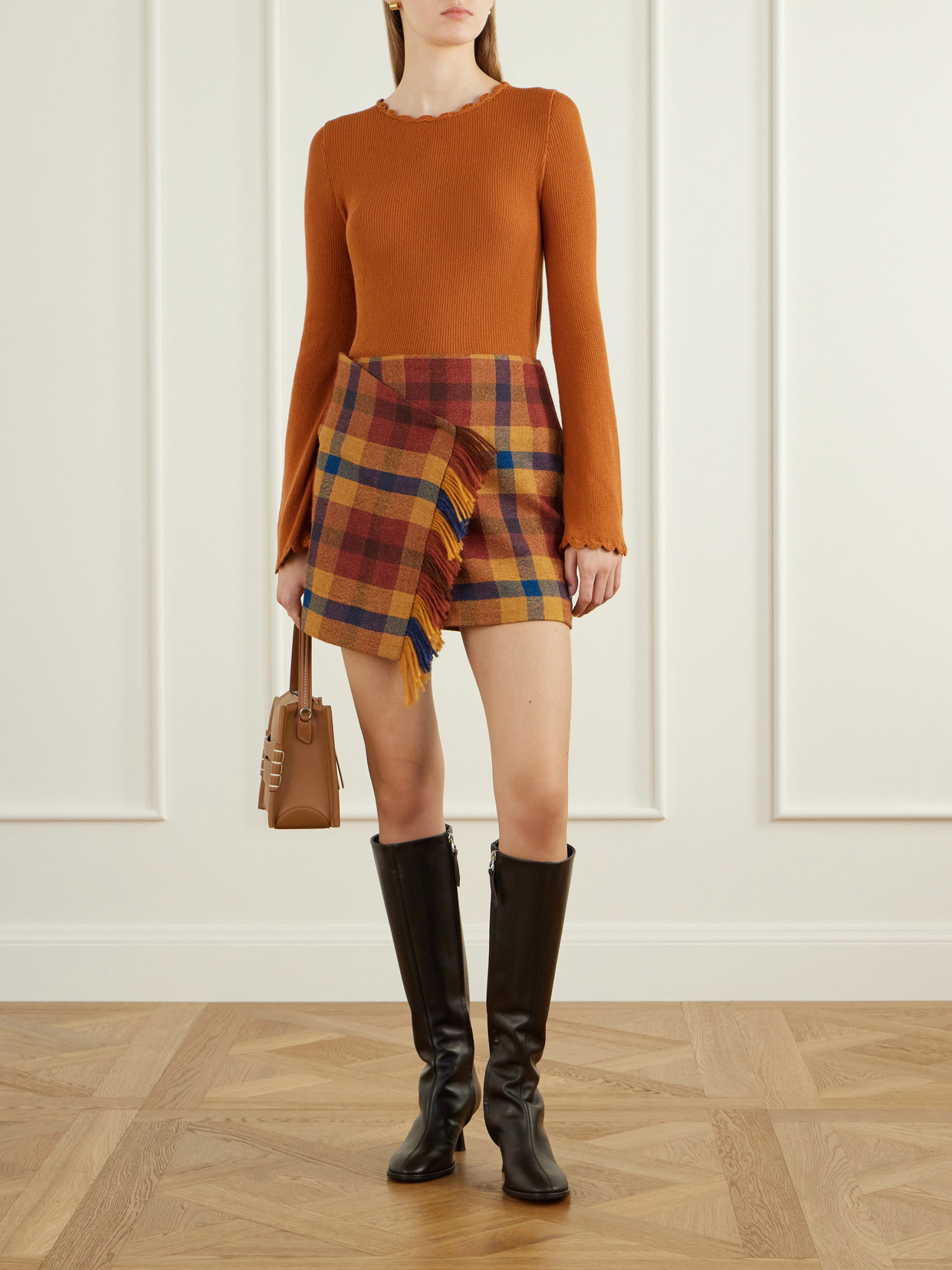 Escvdo Checked Asymmetric Alpaca Mini Skirt In Multi
